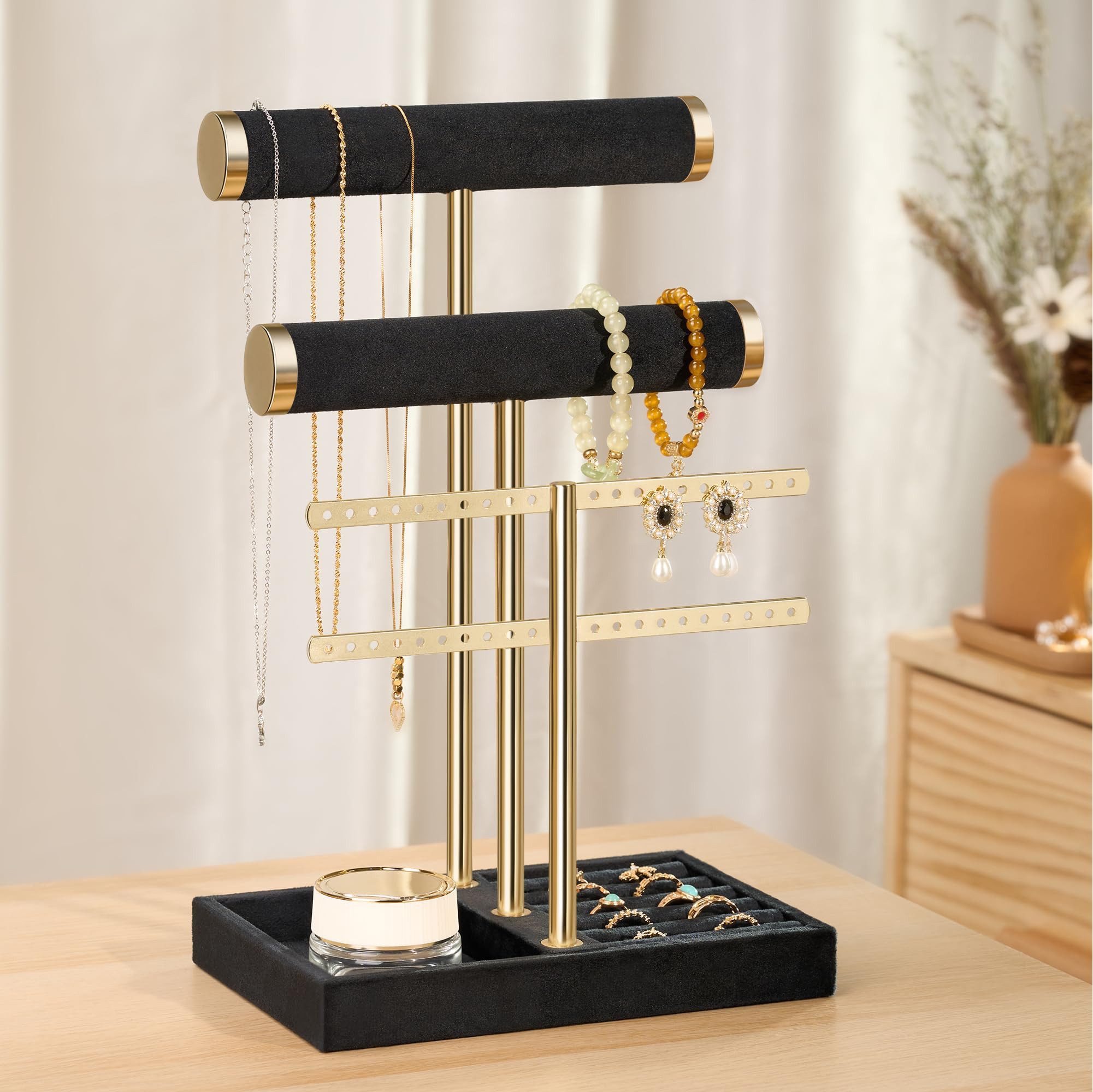 SURFOU Schmuckständer Schmuck Organizer mit 3 Ebenen – Samt-Armbandständer mit T-Steg (5-in-1 Schmuckpräsentation mit Samtstangen, Ringablage & Fach – Ideal für Armbänder, Halsketten & Uhren, 1 St)