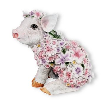 colourliving Tierfigur Schweine Figur sitzend Blumenschwein Deko Ferkel, Handbemalt, Wetterfest, Extrem Detailreich