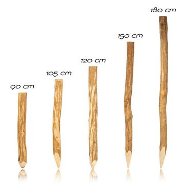 BooGardi Zaunpfosten Zaunpfahl Haselnuss, (Baumpfahl spitz 90cm · viele Größen), Rundpfosten Staketenzaun Holzpfahl Palisade Garten