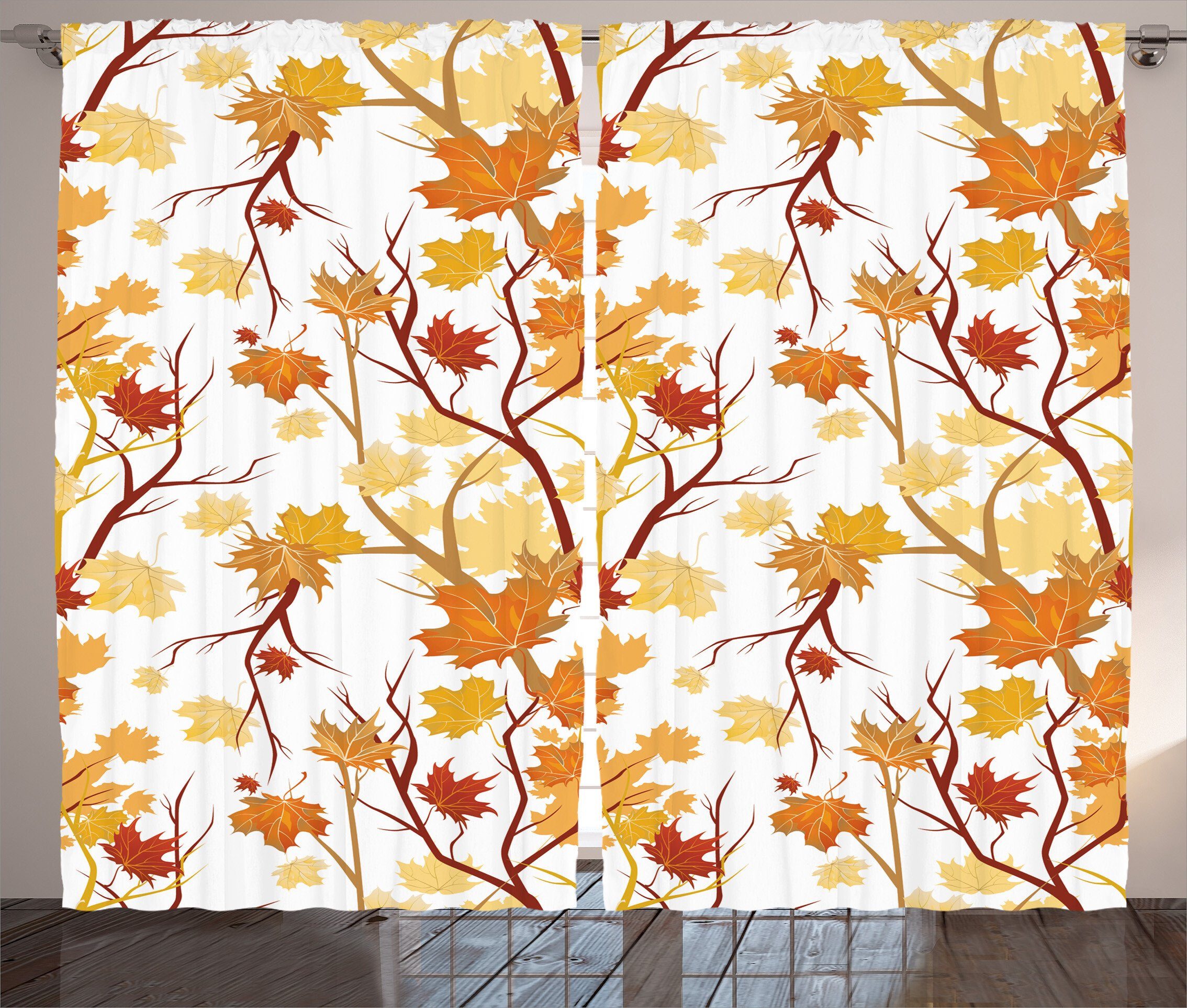 Gardine Schlafzimmer Kräuselband Vorhang mit Schlaufen und Haken, Abakuhaus, Fallen Herbst-Jahreszeit-Elemente Natur