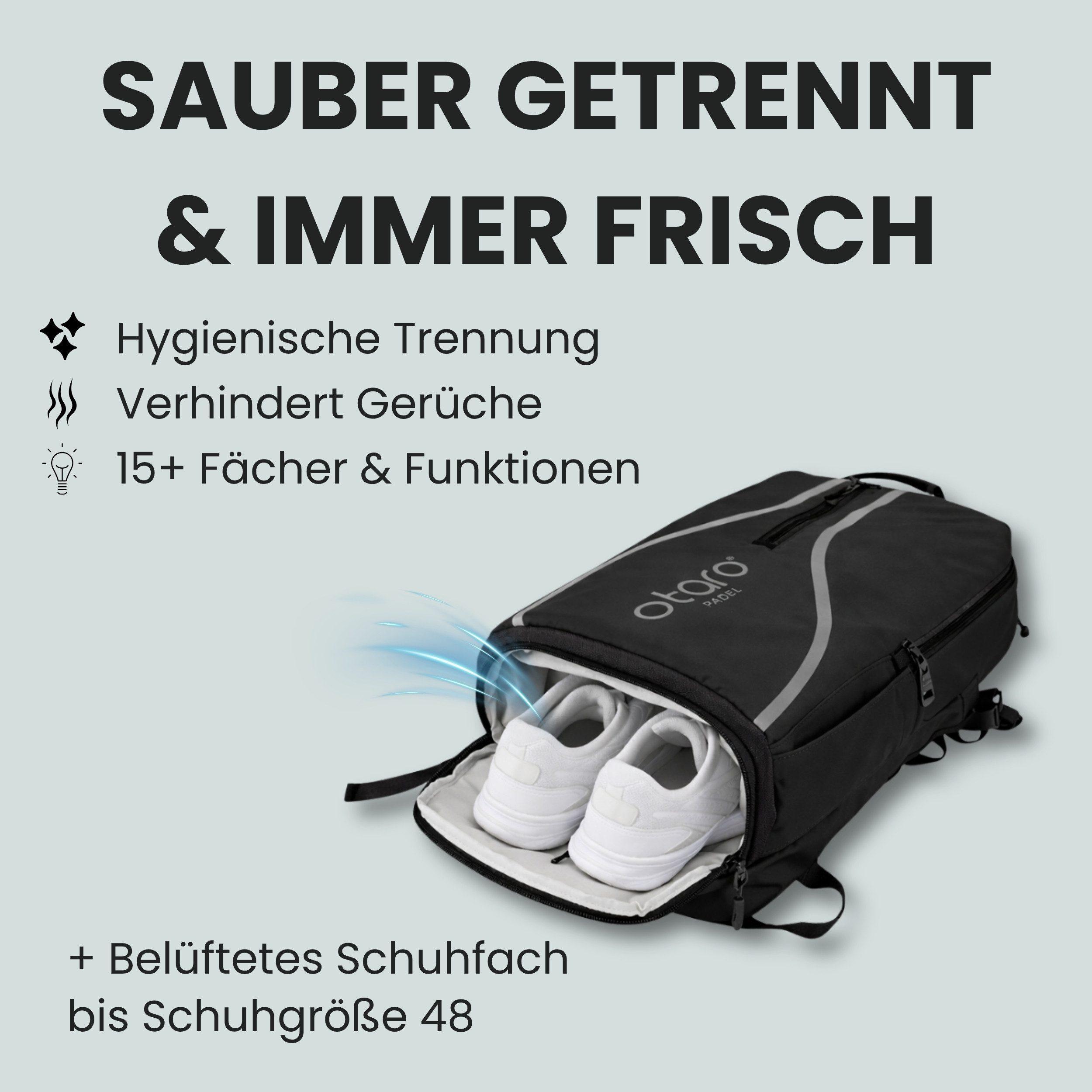 Otaro Tennisrucksack mit Schuhfach (35L), Padelrucksack für 2 Padel Schläger, Padeltasche (Perfekt durchdacht für Padel-Ausrüstung, mit Schlägerfach, Schuhfach, Laptopfach & Getränkehalter), wasserabweisender Padel Rucksack für Herren & Damen