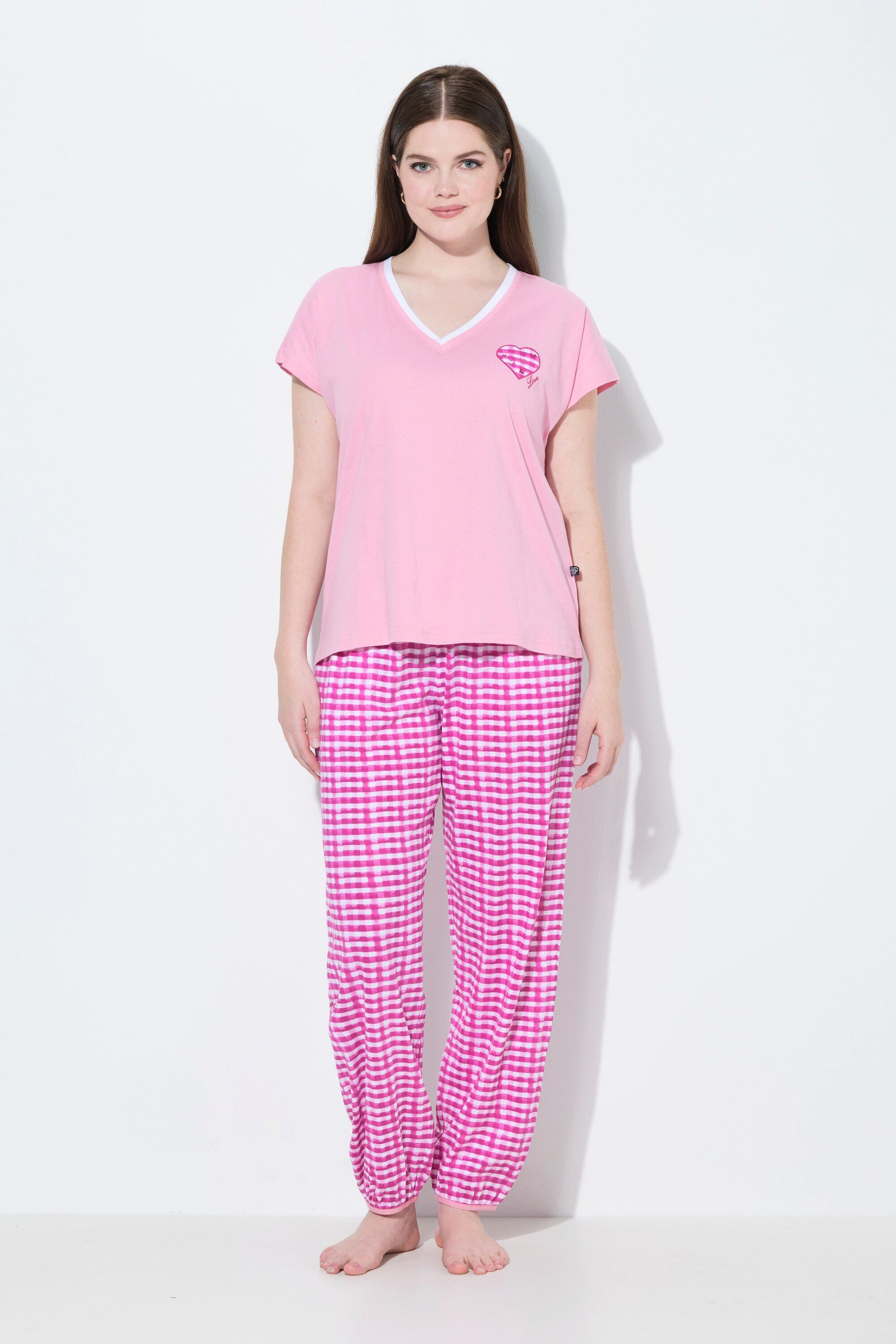 Damen-Pyjama Von Ulla Popken – Zweiteiler Mit Scribble-Herzen, Aus Baumwolle, Halbarm & Lange Hose