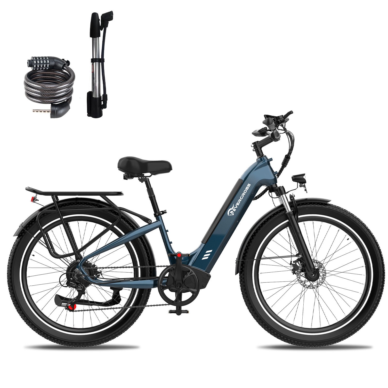 EVERCROSS TECH E-Bike Cityrad für Pendler,26",48V 15AH,7 Gang Shimano,65-90km,APP, 7 Gang, Heckmotor, 720 Wh, Herausnehmbare Batterie,E-Citybike mit Schloss, Pumpe