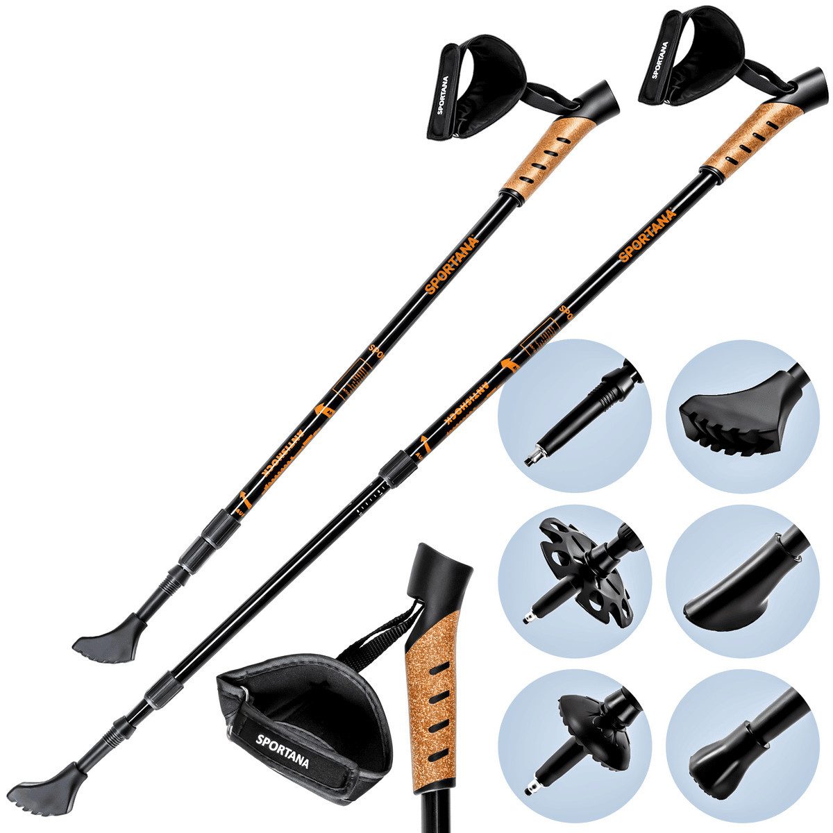 Sportana Nordic-Walking-Stöcke (1 St), Für Damen Herren Wanderstöcke Teleskop Alu Trekkingstöcke Mit Federung