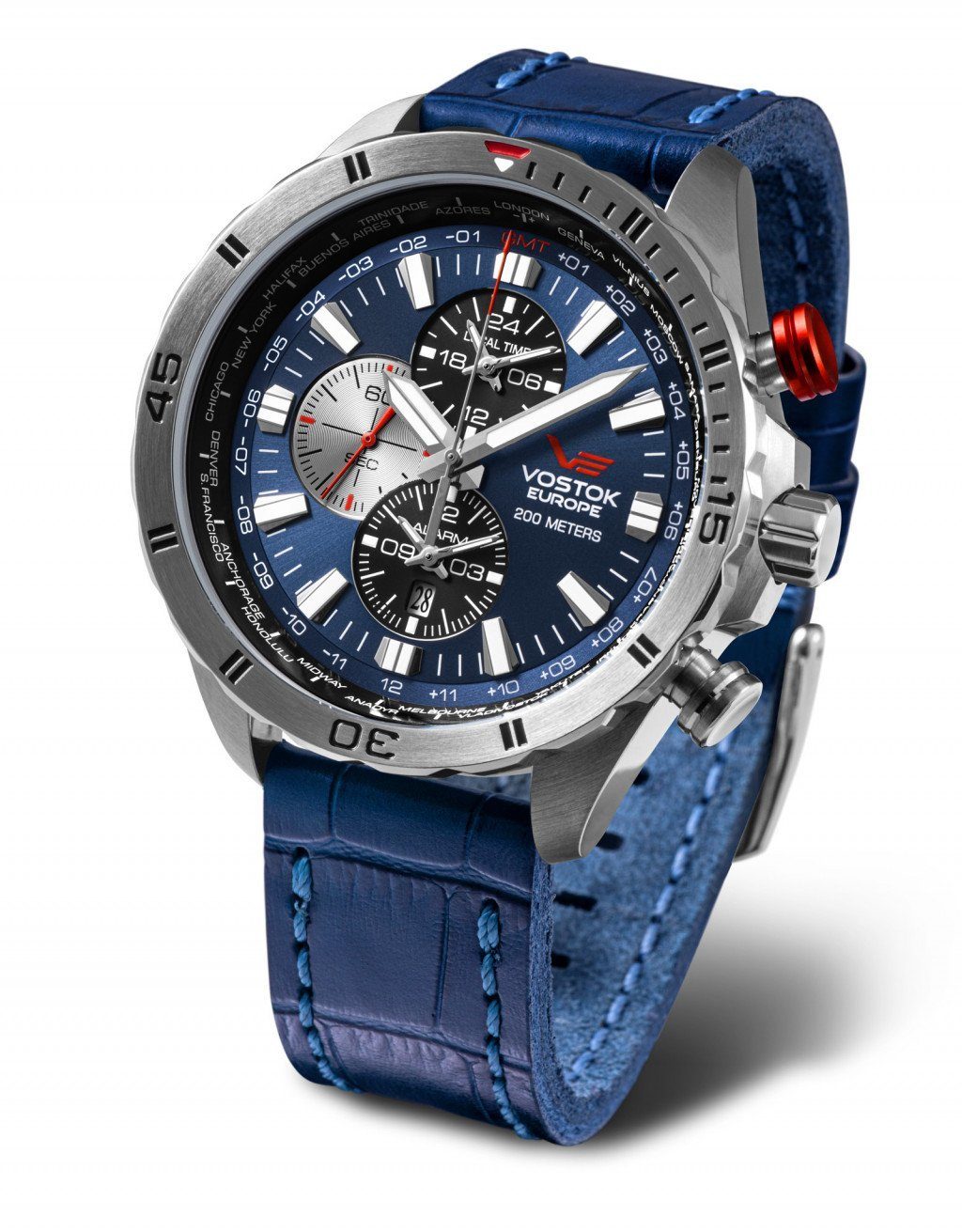 Vostok Europe Quarzuhr mit 47 mm, Alarmfunktion Herrenuhr Blau Lederband 320A652-L Almaz