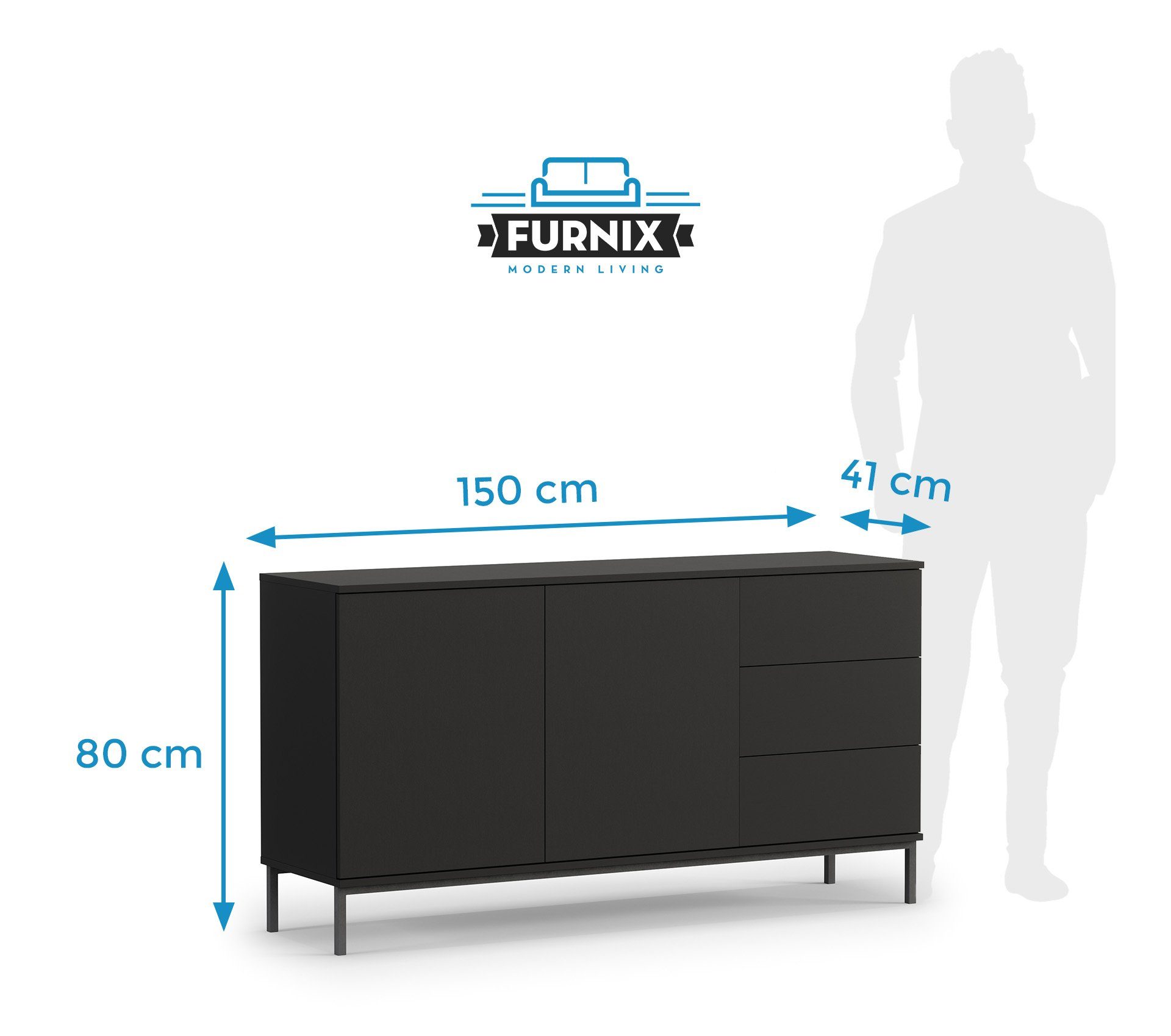 Furnix Kommode Sideboard FORSETTI K2D3SZ H80 matt cm x 2 x Wohnzimmerkommode Abmessungen: 3 Schubladen T41 Türen, B150 Schwarz