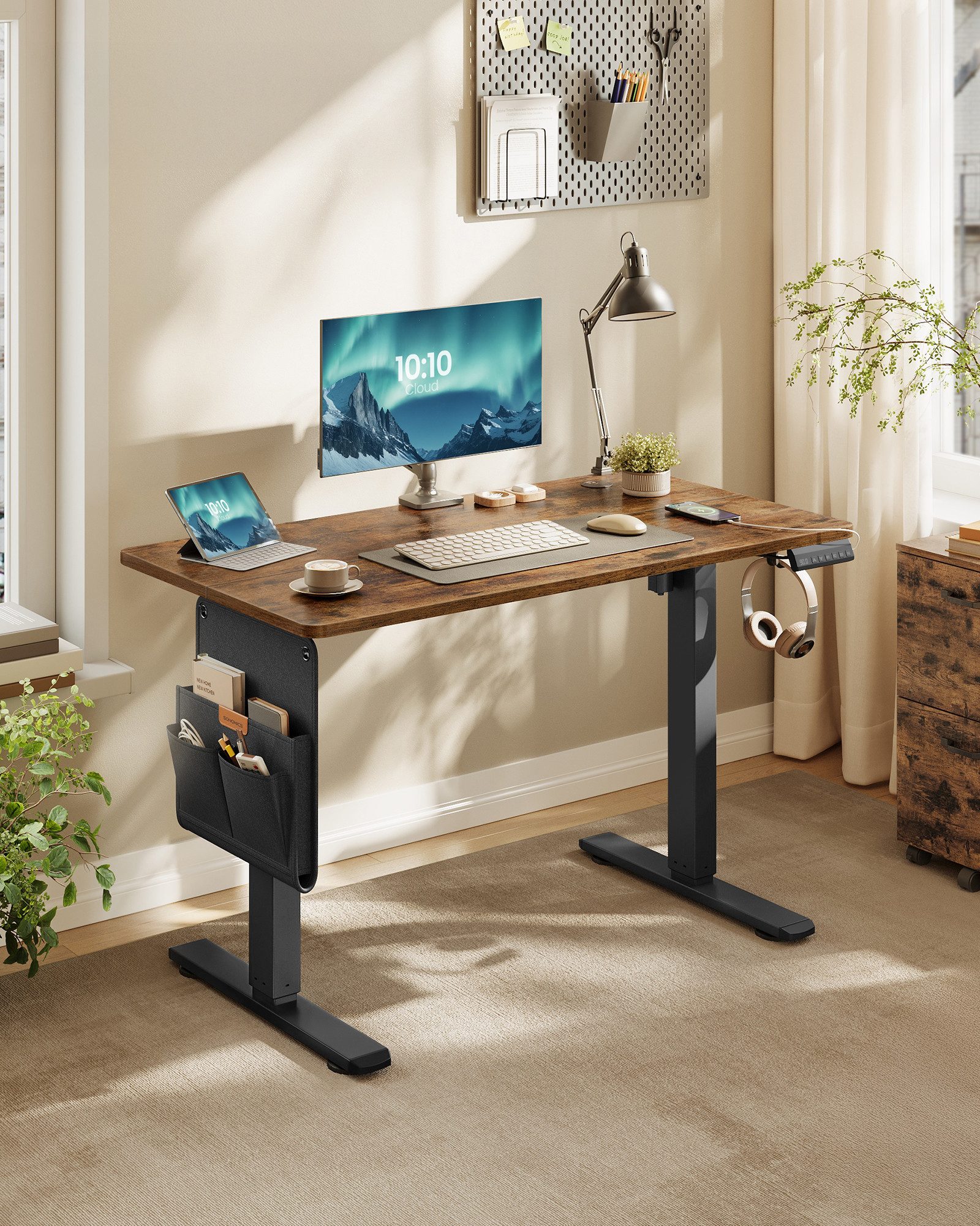 SONGMICS Schreibtisch Höhenverstellbarer elektrisch, 100/120/140/160/180 cm, USB-C-Anschluss, Memory-Funktion für 4 Höhen, mit Stoff-Organizer