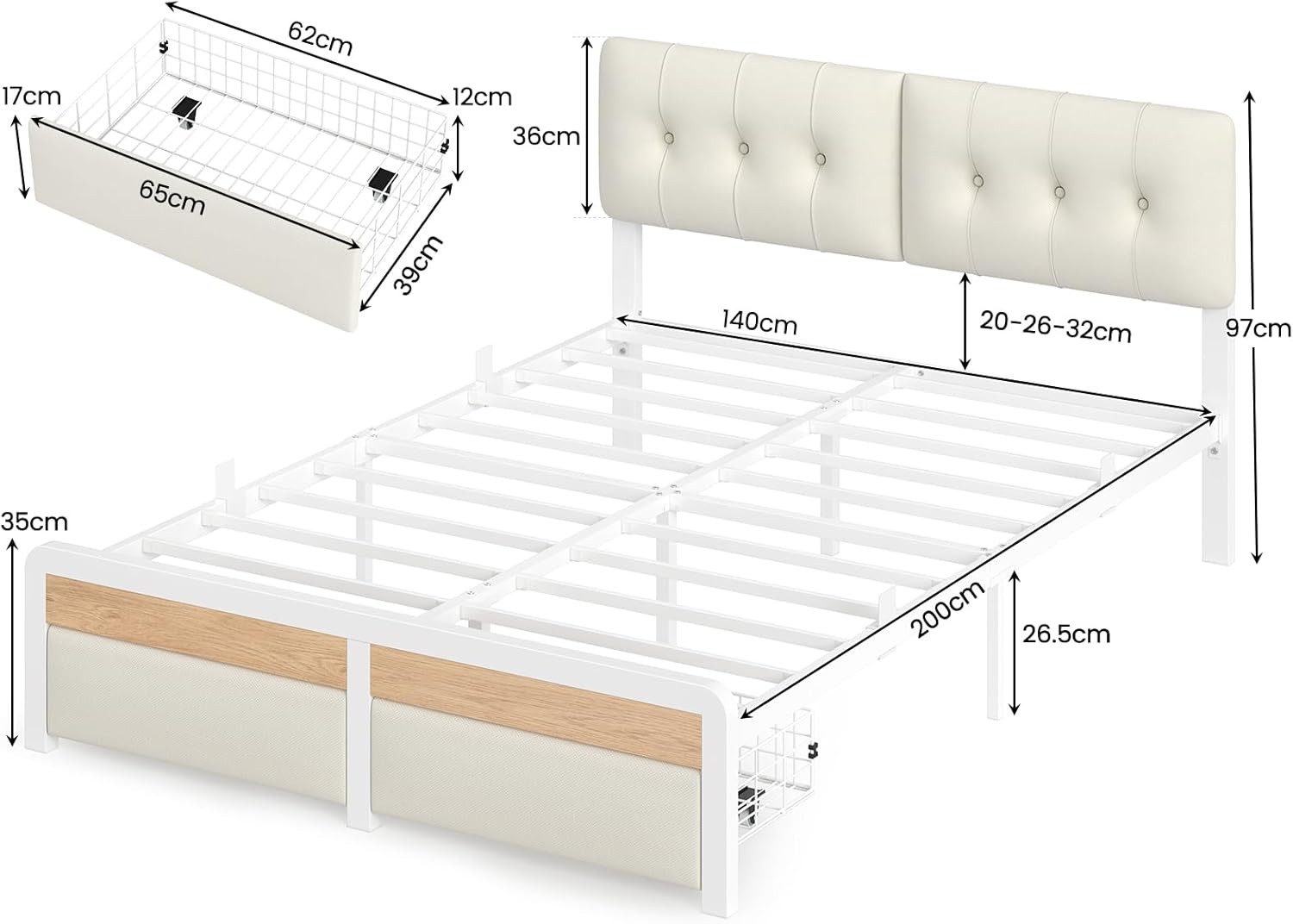 KIMENICH Metallbett Mit LED-Beleuchtung, 2 Schubladen und höhenverstellbare günstig online kaufen