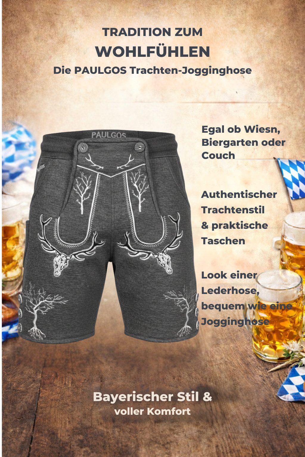 PAULGOS Trachtenhose Herren Jogginghose Design Lederhose Kurz Sweathose Bermuda Shorts JOK6