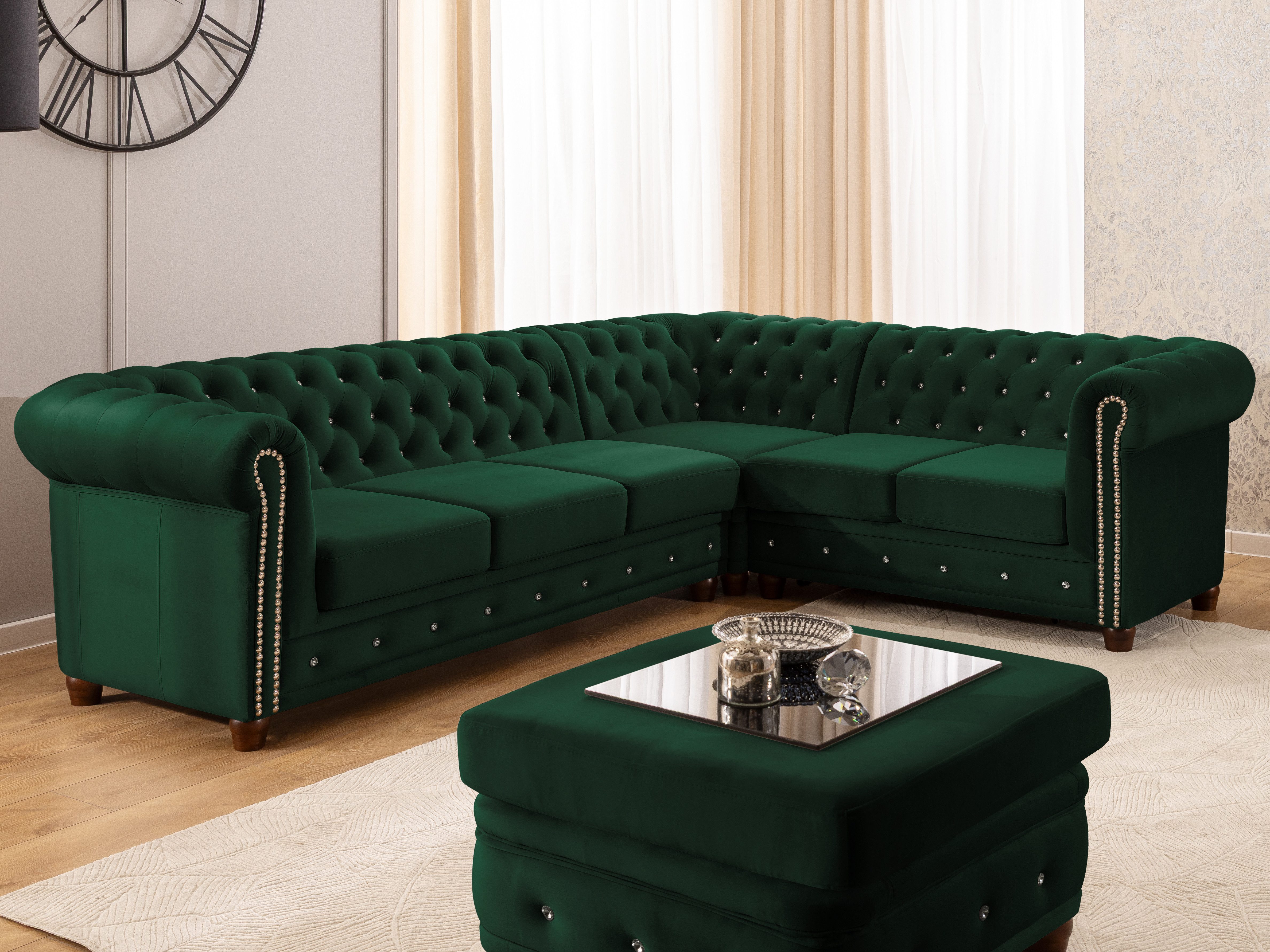 S-Style Möbel Ecksofa Chesterfield mit Schlaffunktion Cleo Blink Samt mit Kristallsteppung, mit Wellenfederung