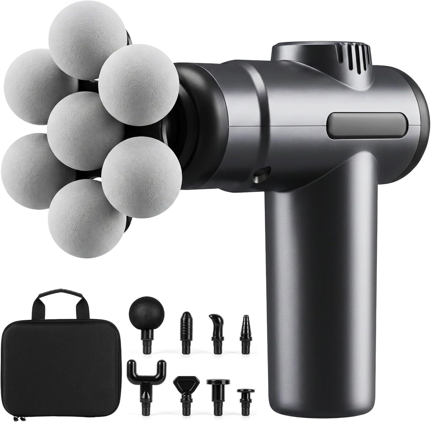 AIMAX Massagepistole Massagegerät, 99 Stufen, 9 Massageköpfe, Grau, Muskelmassagegerät & Massage Gun mit Tragetasche, 9 Aufsätze
