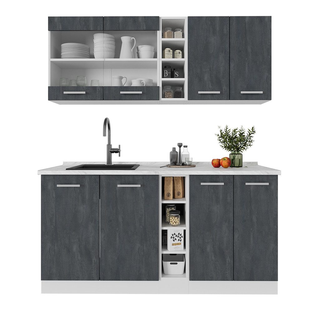 Vicco Küchenzeile R-Line, Schwarz Beton/Weiß, 160 cm AP Eiche