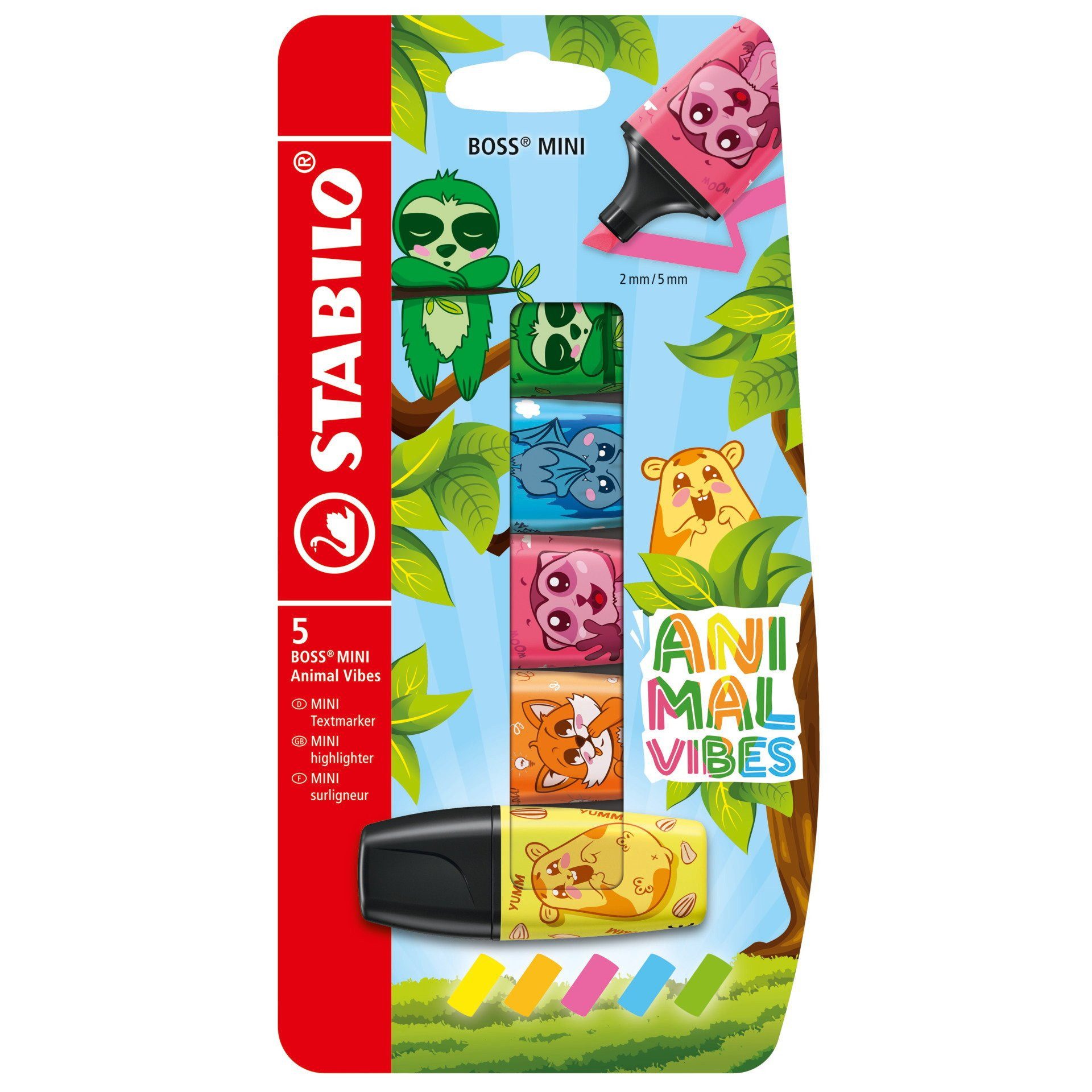 STABILO Faserstift Textmarker Set Mini Animal Vibes 5er Etui, Anti Dry Out Technologie