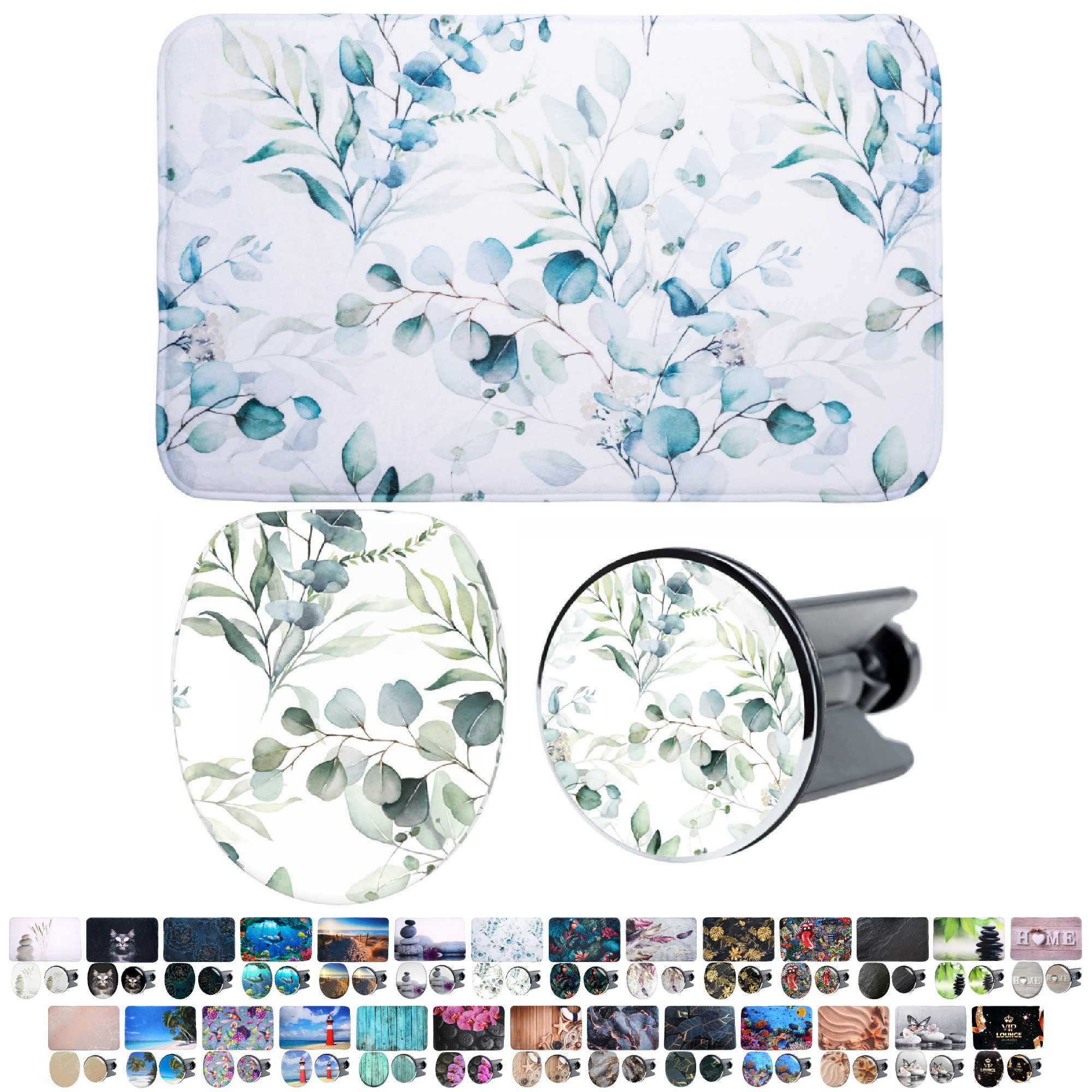 Sanilo Badaccessoire-Set 3-teilig mit Motiv, viele schöne Sets zur Auswahl, WC-Sitz mit Absenkautomatik, Badteppich 70 x 110 cm, Waschbeckenstöpsel, 3 tlg., 3-teilig, hochwertig & modern, universell, leichte Montage