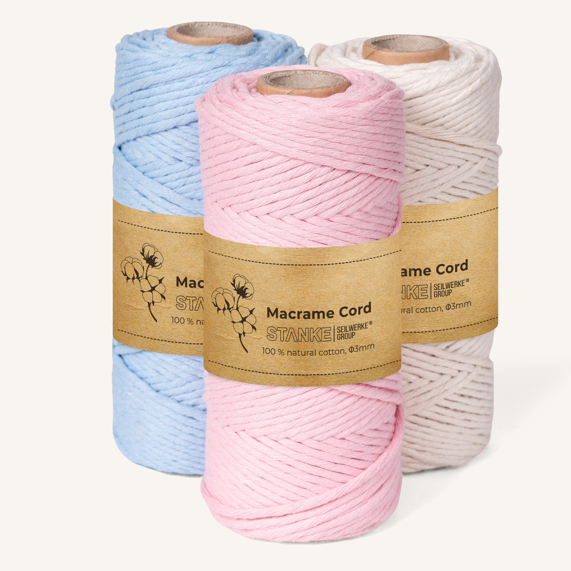 STANKE Makramee Garn 3mm Set 3x100 m - Farben: Hellblau, Rosa, Natur Bastelgarn, 300 m (3x100m Rolle, 3-St., 3x100m Rolle), Baumwollgarn für Boho DIY, Körbchen, Traumfänger 100% Baumwolle