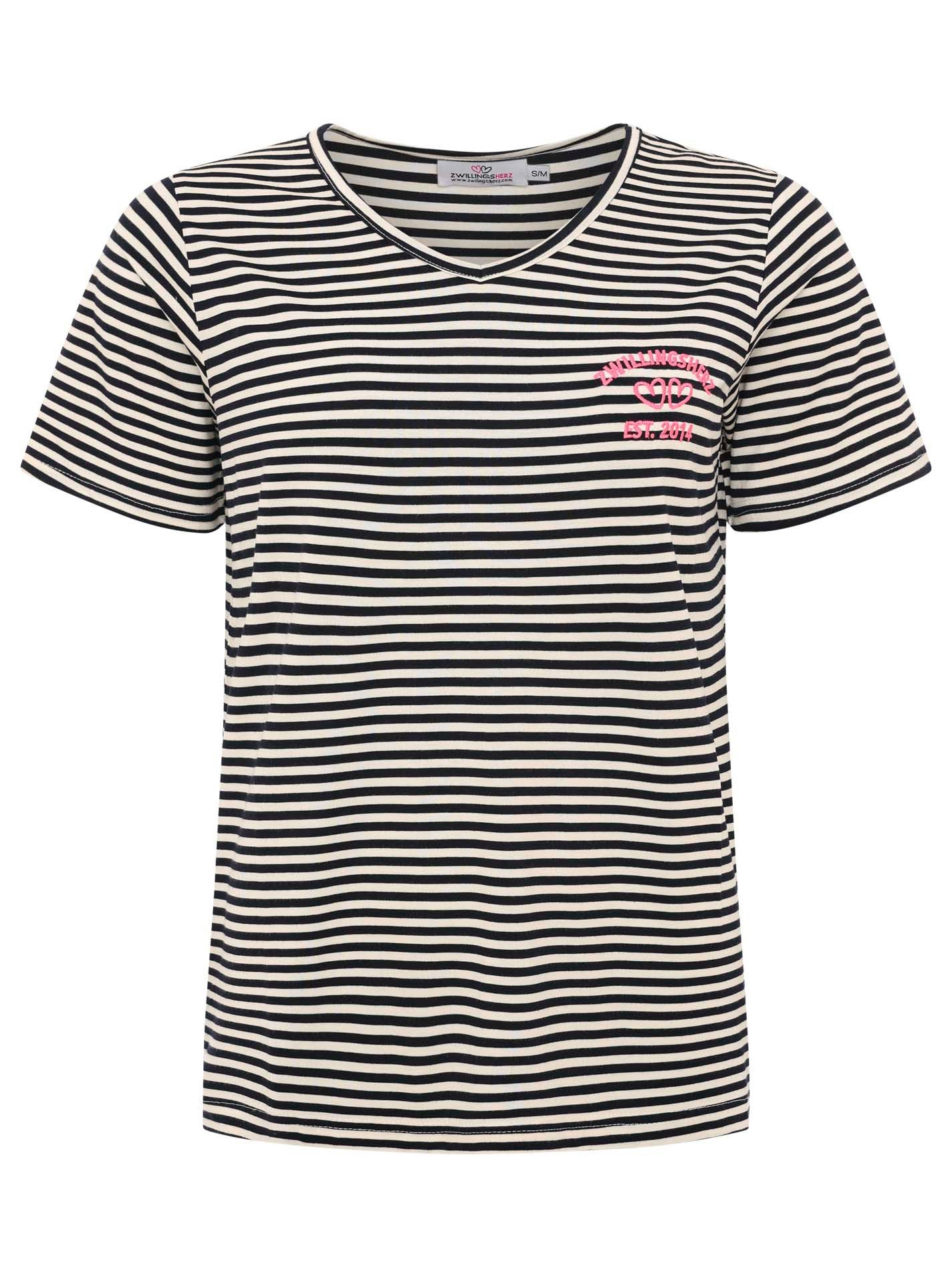 Zwillingsherz T-Shirt "Zwillingsherz" V-Neck, gestreift, kleines Motiv gestickt