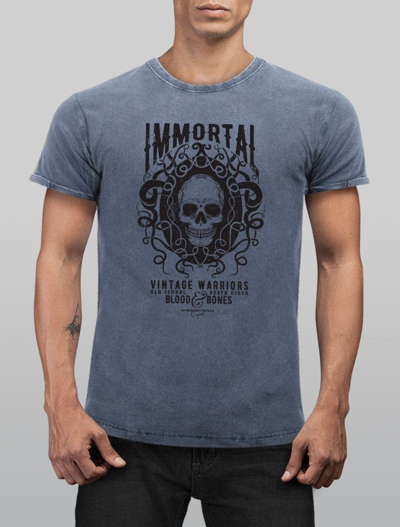 Herren Fit blau Shirt Immortal Look Warriors Vintage Slim Printshirt Used T-Shirt Neverless Aufdruck Vintage Skull mit Print Print-Shirt Totenkopf Neverless®
