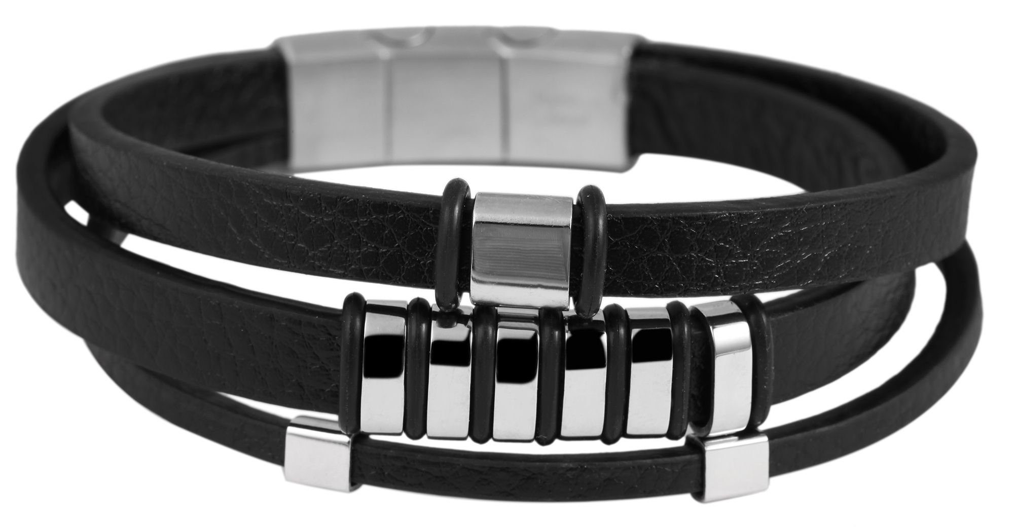 AKZENT Lederarmband aus Schwarz Leder Echt Armband (einzeln) Amnun Unisex Edelstahlelementen mit