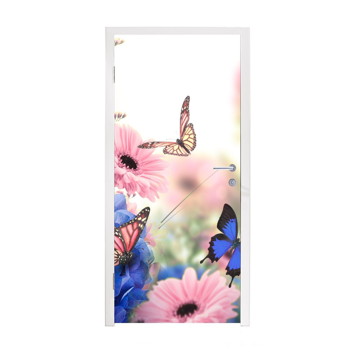 MuchoWow Türtapete Schmetterlinge - Blumen - Hortensien - Insekten, Matt, bedruckt, (1 St), Fototapete für Tür, Türaufkleber, 75x205 cm | Türtapeten