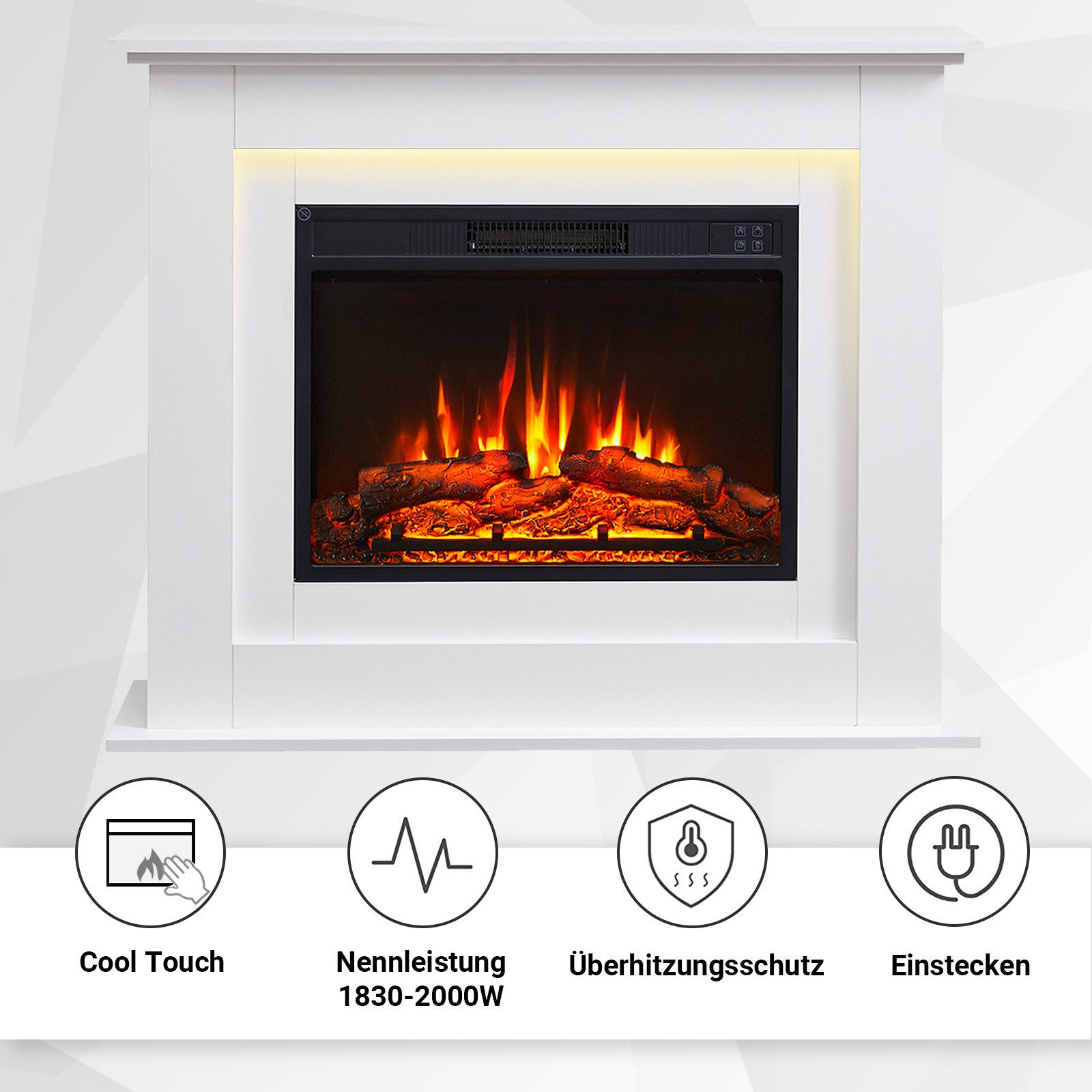 Balderia Elektrokamin Elektrokamin Standkamin BALDERIA Finn – Heizung bis 2000 W, weiss, Standkamin, 3D-Flammeneffekt, LED-Beleuchtung, Heizung