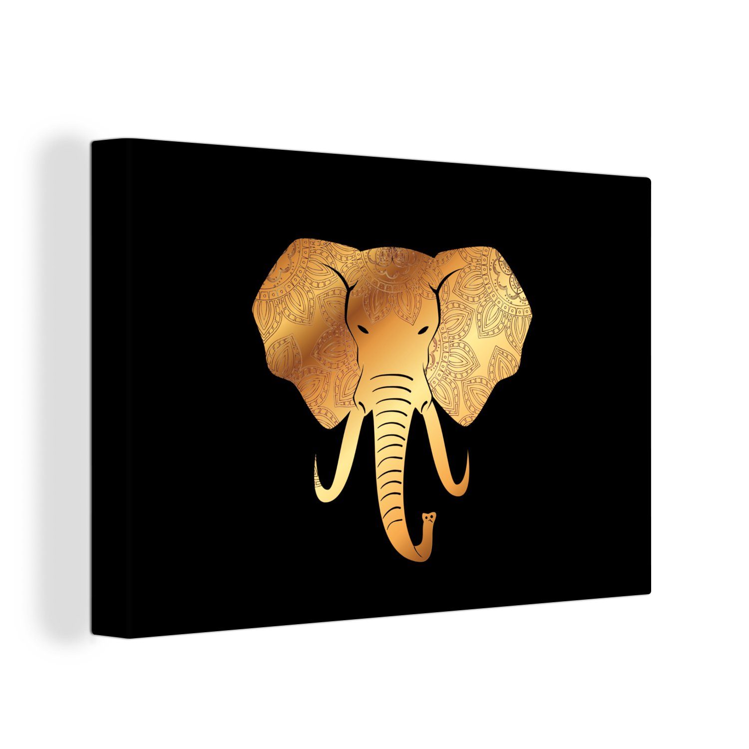 - Tasse 30x20 OneMillionCanvasses® Wanddeko, Aufhängefertig, Elefant cm (1 Leinwandbild Muster, - Leinwandbilder, - Gold St), Wandbild