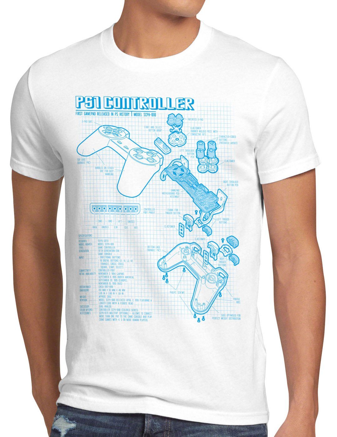 style3 Print-Shirt PS1 Controller gamepad classic Blaupause Herren konsole weiß gamer PS T-Shirt