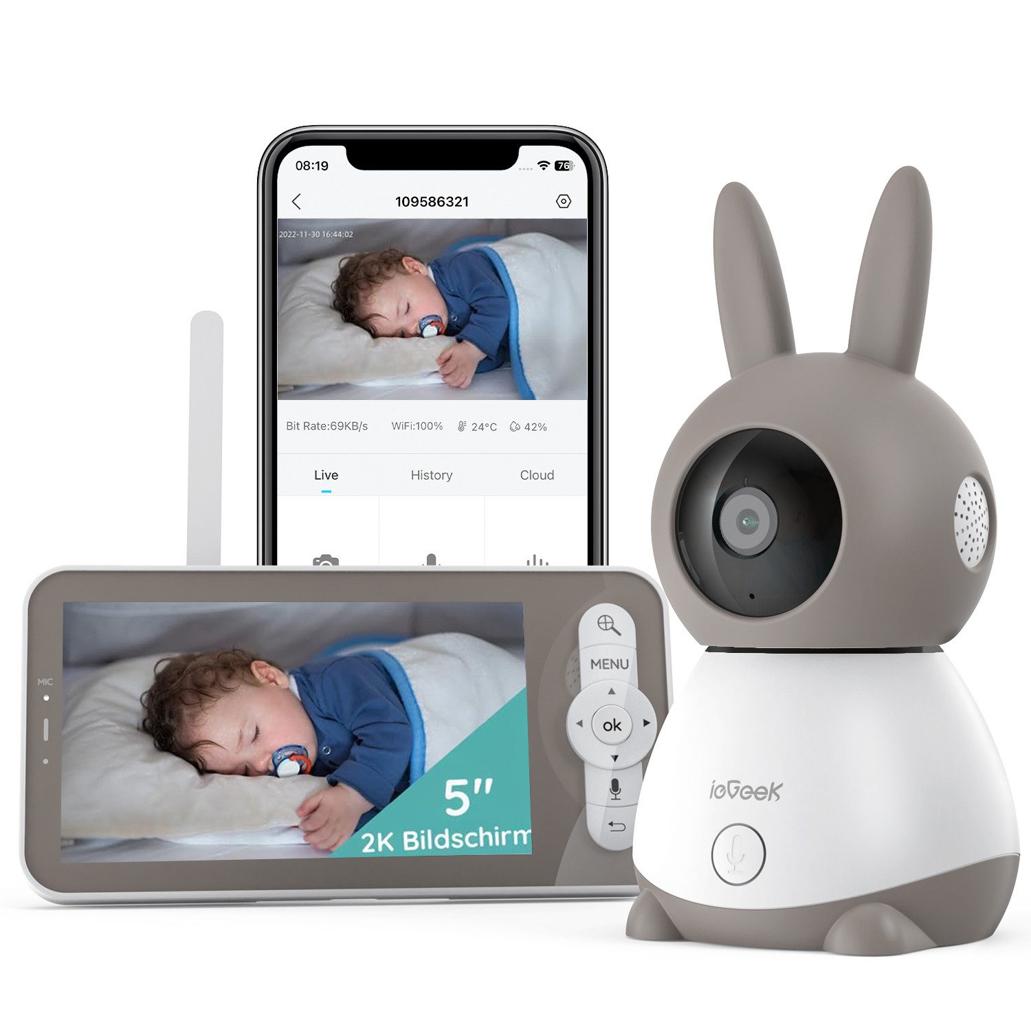 Babyphone Babyphone mit Kamera 2K/3MP, 5 Zoll WiFi Video Babyphone PTZ 355