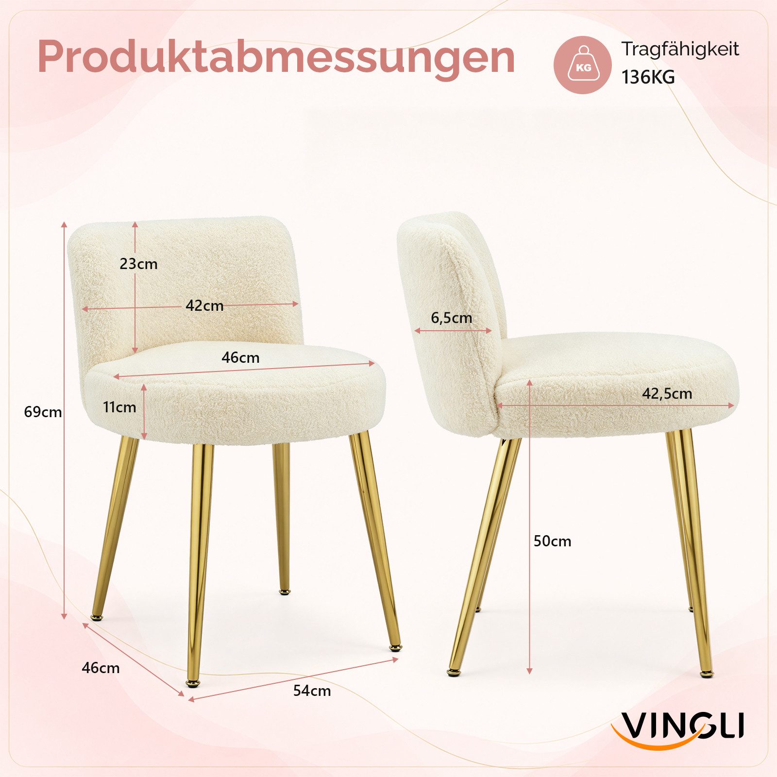 VINGLI Polsterstuhl Schminkstuhl im schlichten Stil, aus Teddystoff, Verstellbare goldene Beine – Bild 3 von 5