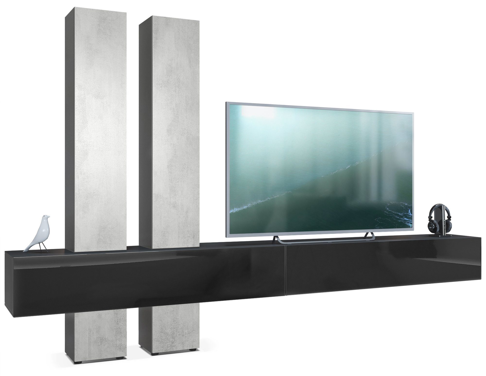 Vladon Wohnwand Moja, (Anbauwand, mit Rückwand mit 4 Türen und 2 Klappen), Schwarz matt/Schwarz Hochglanz und Beton Oxid Optik (330x204x39 cm)