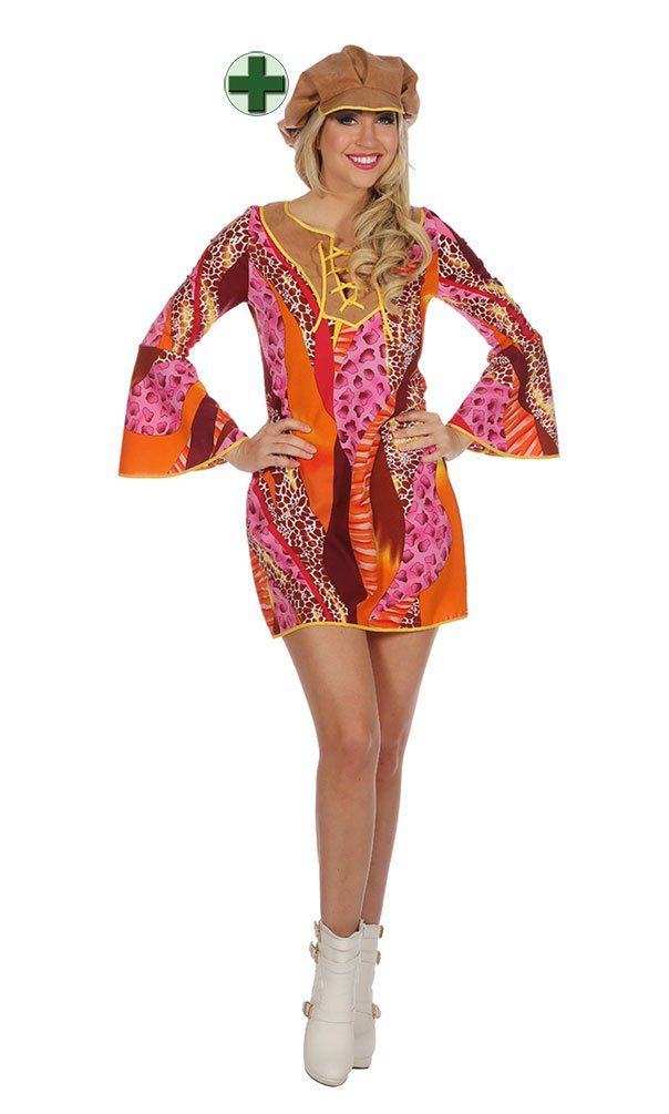 Karneval-Klamotten Kostüm Disco Damen 70er Jahre Discokleid mit Mütze, Retro Schlager Frauenkostüm Karneval Fasching