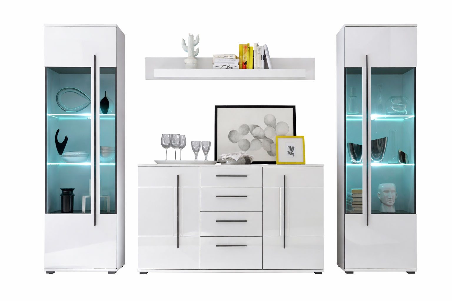 Feldmann-Wohnen Wohnwand Cantara, (4-teiliges Wohnzimmer-Set, mit Türen, mit Schubladen, 4-St., moderne Optik, 4-teiliges Wohnzimmer-Set), 4-teilig weiß Hochglanz