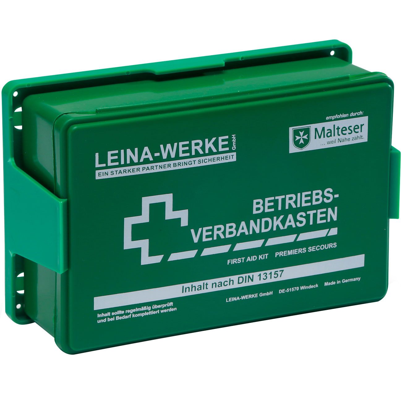 Leina-Werke Erste-Hilfe-Set Betriebsverbandkasten DIN 13157 grün, Erste-Hilfe-Koffer Komplettset, mit umlaufender Gummidichtung, bruchsicher, 25,5 x 16,6 x 8,0 cm