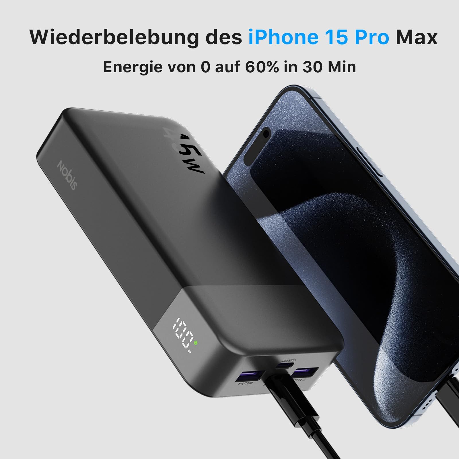 NOBIS 20000mAh 45W Externe Handyakkus Schnellladen iPhone Android Laptop Powerbank 20000 mAh, Externer Akku mit C zu C Kabel, Tragbares Ladegerät mit Digitalanzeige