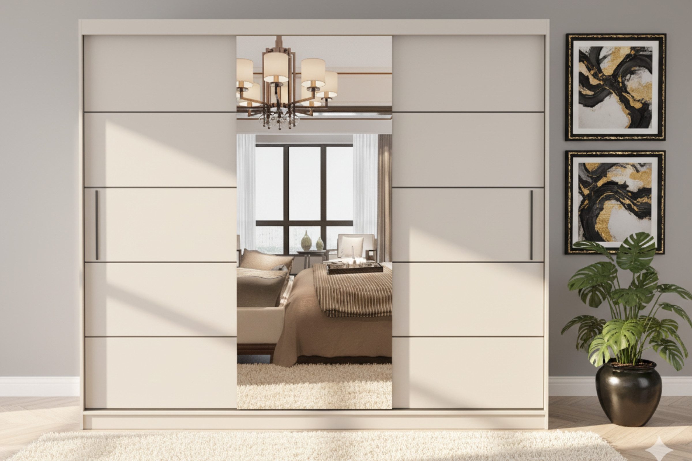 Deine Möbel 24 Schwebetürenschrank ALASKA 250 cm großer Kleiderschrank mit Spiegel (mit viel Stauraum, 1-St., moderner Schlafzimmer-Schrank in Weiß matt oder Kaschmir) mit 3 Schiebetüren, 9 Regalböden und Kleiderstange