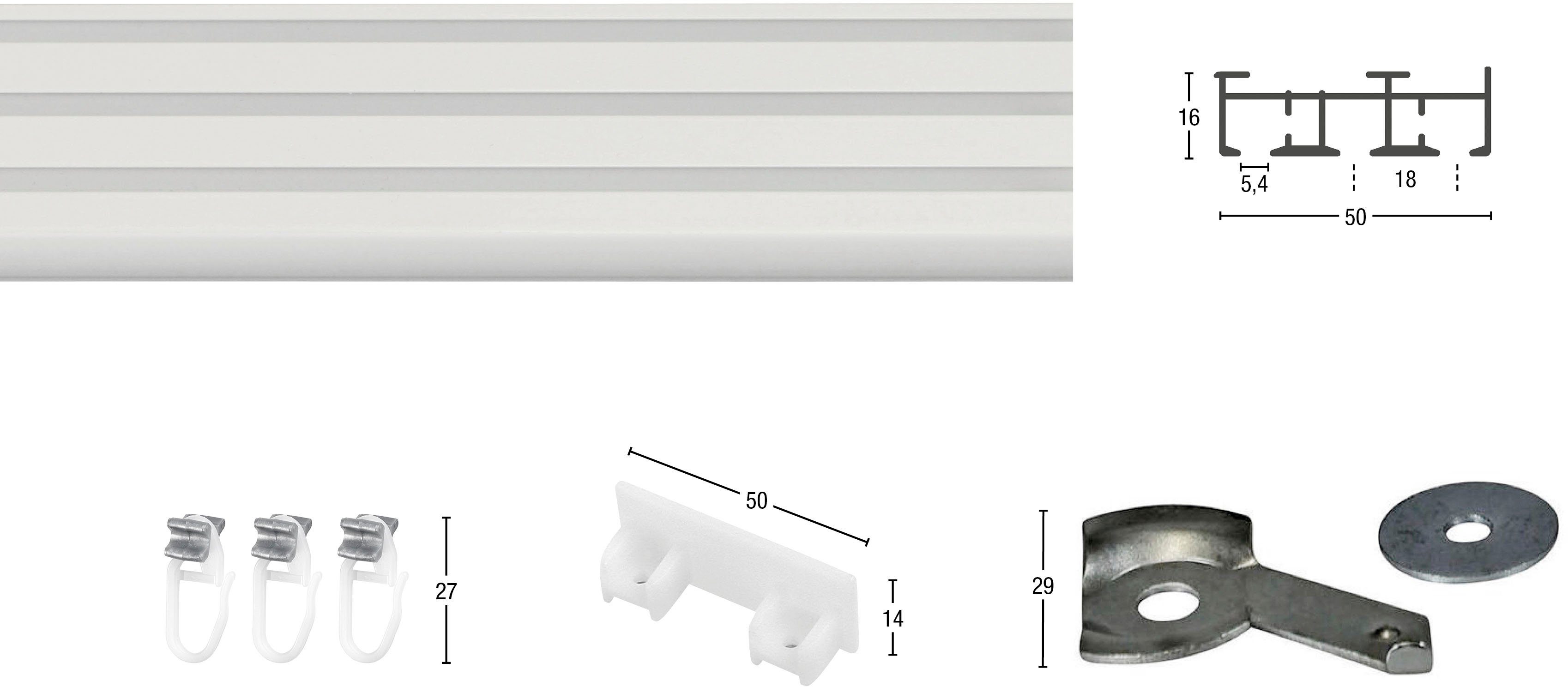 GARESA Gardinenschiene Flächenvorhangschiene Compact, 3-läufig, Wunschmaßlänge, mit Bohren, verschraubt, Aluminium, Kunststoff, Aluminiumschiene für Vorhänge mit Gleiter, verlängerbar, Decke