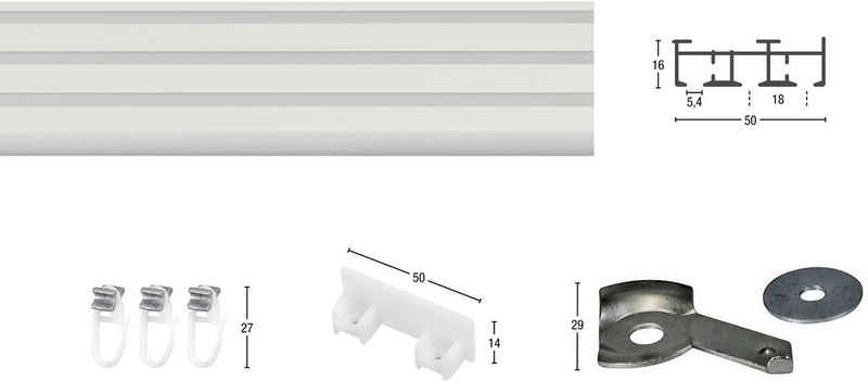 Gardinenschiene Flächenvorhangschiene Compact, GARESA, 3-läufig, Wunschmaßlänge, mit Bohren, verschraubt, Aluminium, Kunststoff, für Paneele oder Vorhänge mit Gleiter, verlängerbar