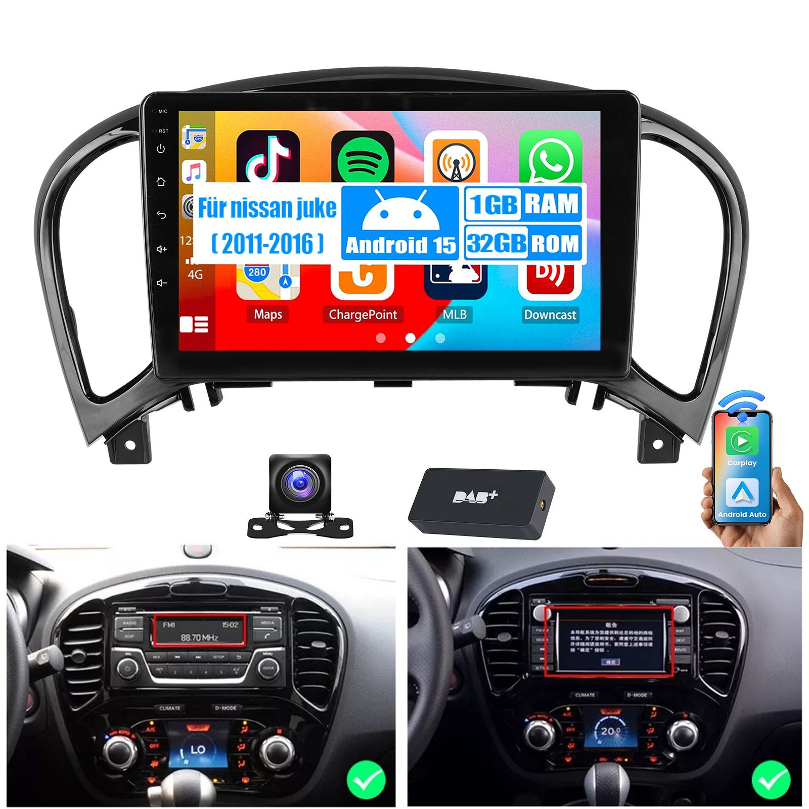 ESSGOO DAB+ Carplay Android 15 Autoradio Für NissanJuke 2011-2016 GPS FM Autoradio (RDS, 4+64GB(optional), Digitalradio (DAB), FM, SWC, Carplay Android Auto Bluetooth EQ USB GPS Navi WIFI Touchscreen)