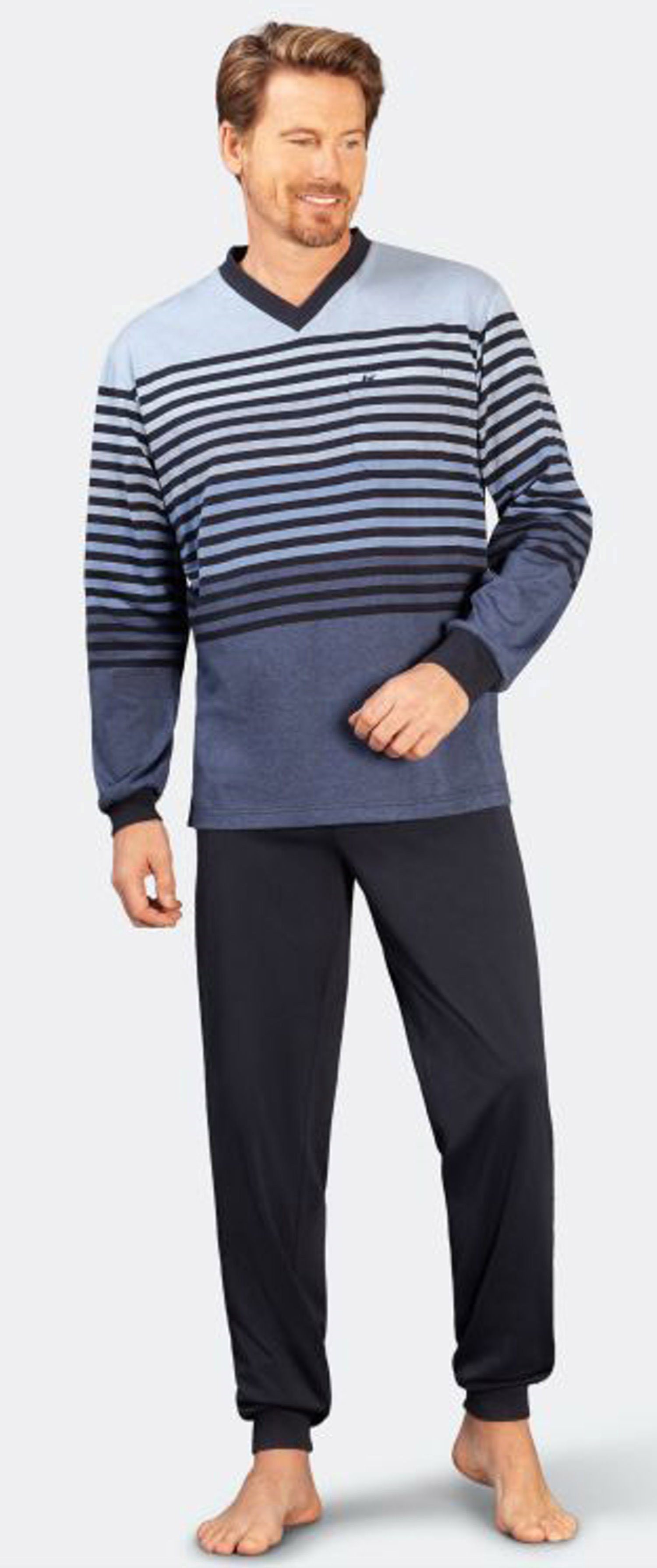 Arm Schlafanzug Komfort Herren Klima langem Pyjama mit tlg) (2 Hajo jeans
