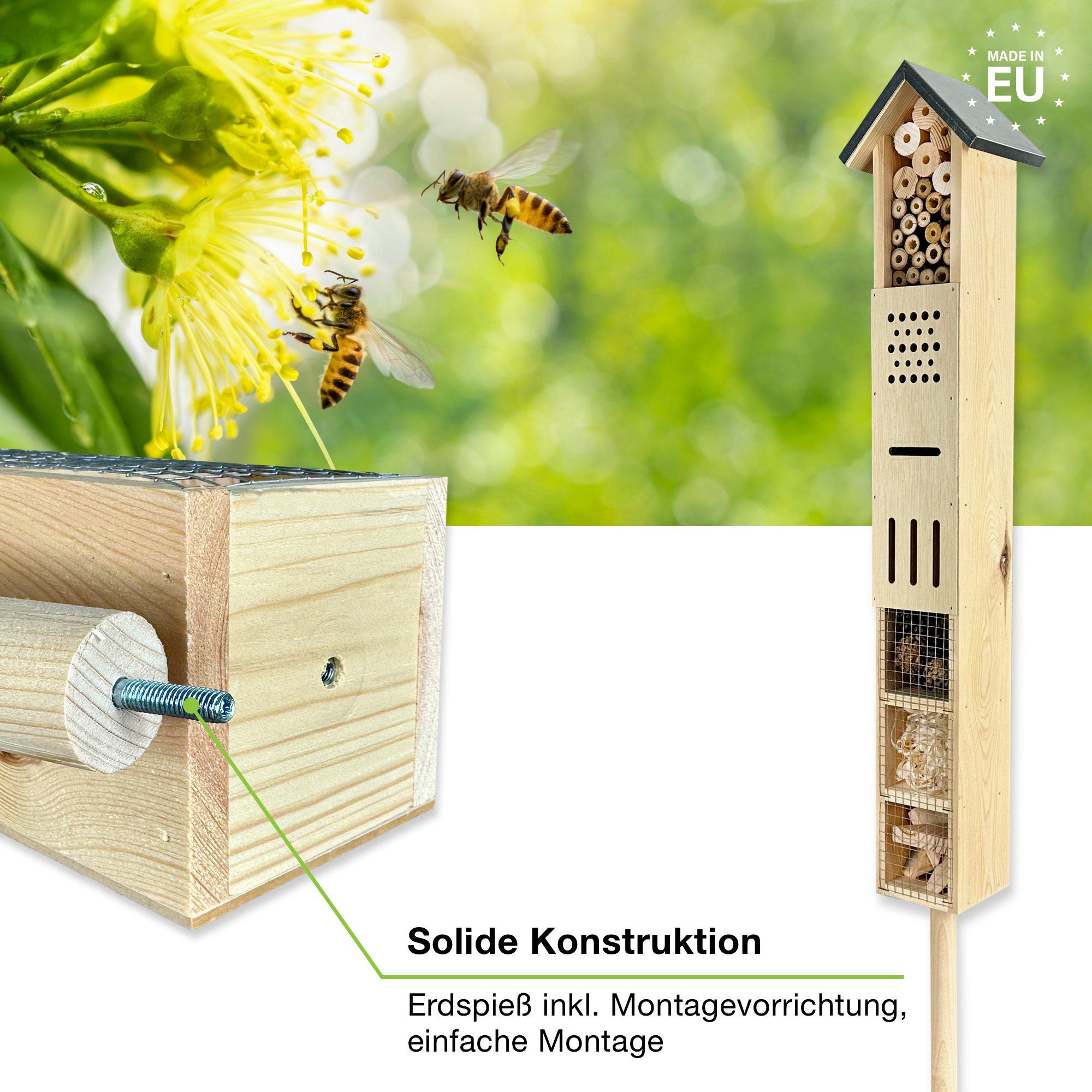 gartenetage Insektenhotel Freistehendes Insektenhotel aus Holz, (mit Erdspieß), Ideal für Wildbienen & Co – Wetterfest mit Bambus und Metalldach