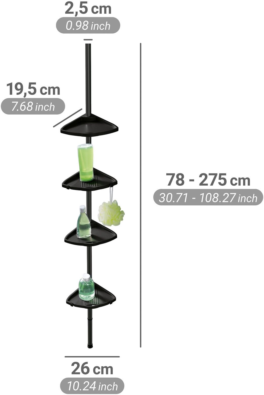 WENKO Duschregal Compact, Eckregal mit 4 Ablagen und 8 Haken, Montage ohne Bohren, Aluminium