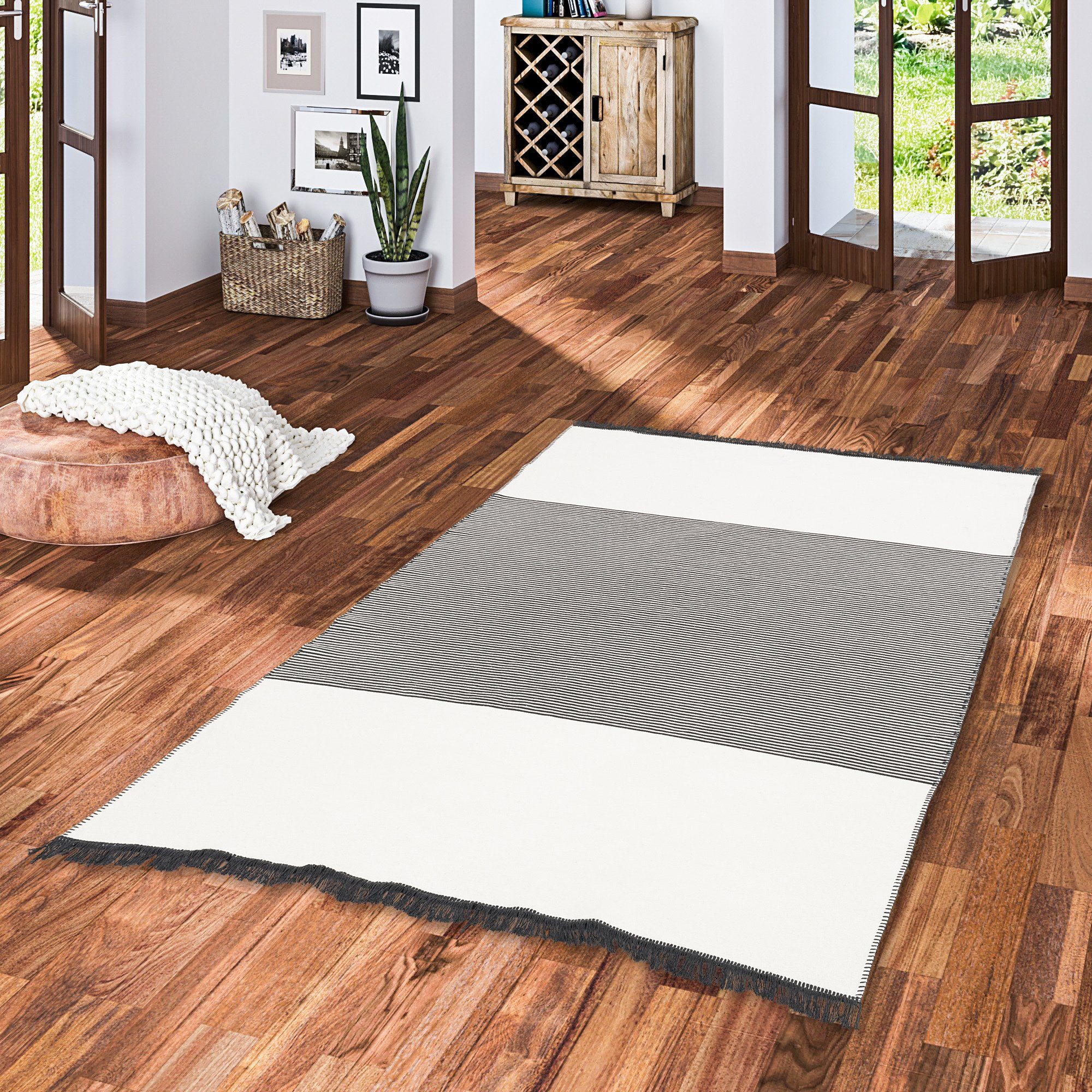Nachhaltiger Kelim Teppich beige schwarz, Streifen, Wohnzimmer 80x150 Lina