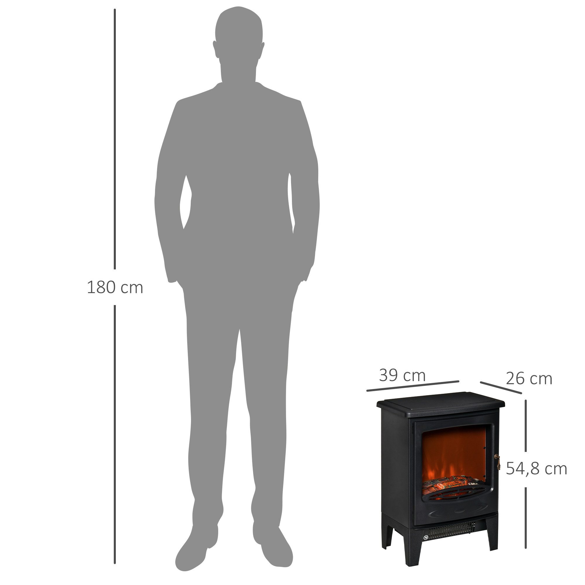 HOMCOM Elektrokamin elektrischer Kamin mit Heizung, Dekokamin, elektrisch Kaminofen, LED Elektrokamin Standkamin mit Flammeneffekt 900,1800W Schwarz