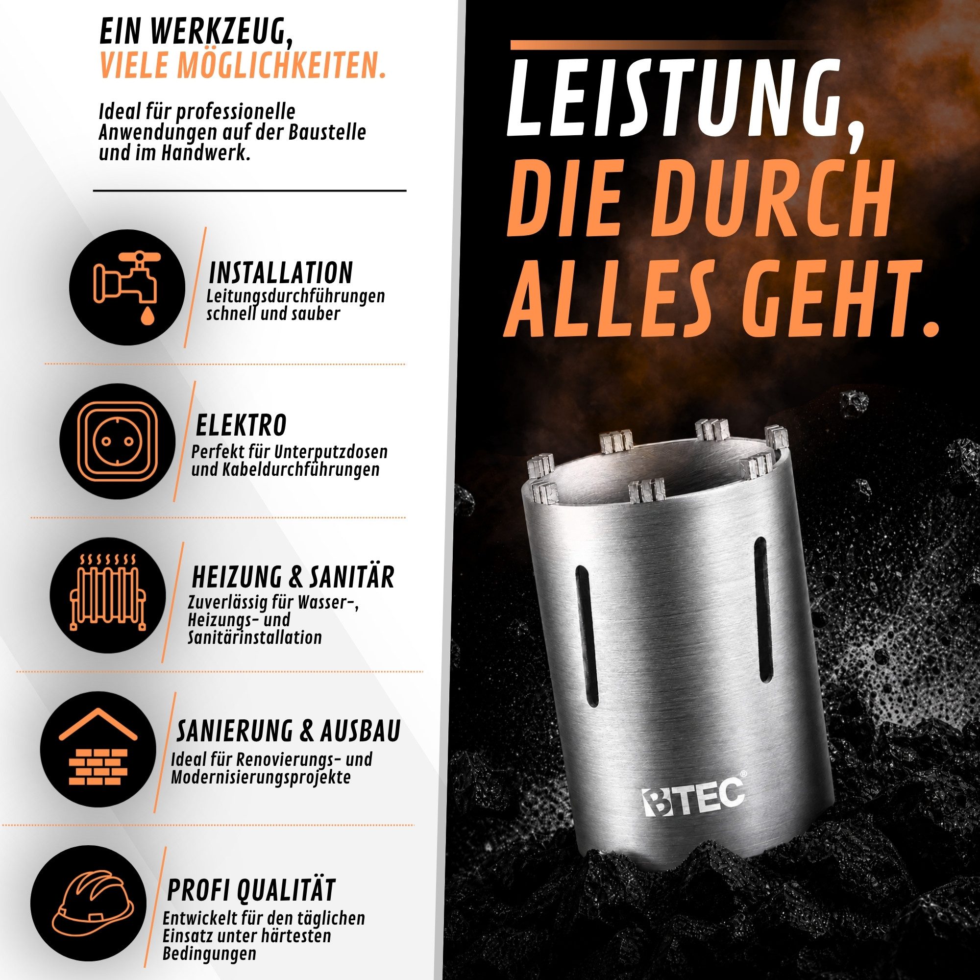 BTEC Diamanttrockenbohrer Diamant Bohrkrone 180mm Ø 32mm SDS + Adapter lang mit Zentrierbohrer, Ø 32 mm – Bild 3 von 5