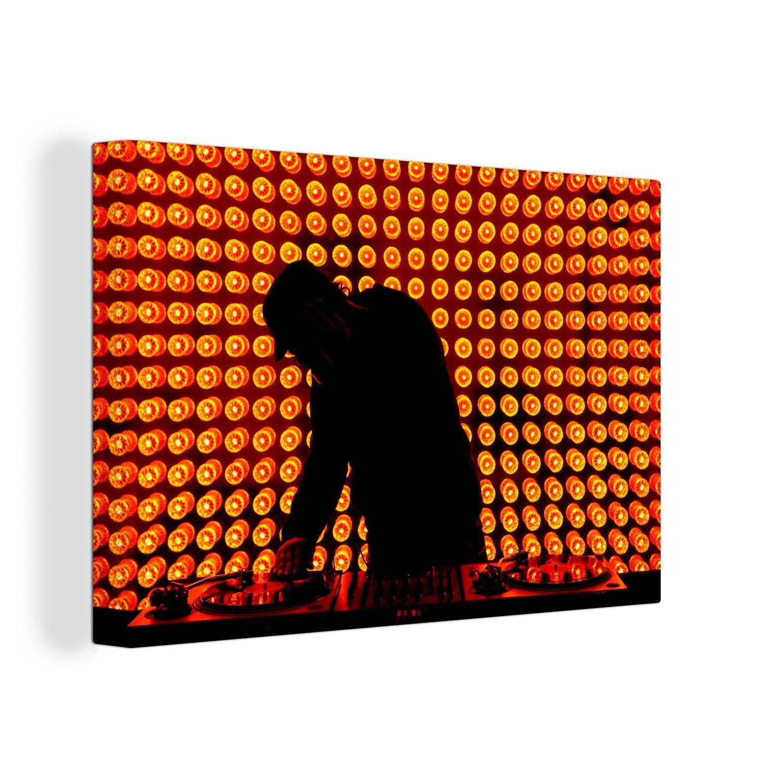 OneMillionCanvasses® Leinwandbild DJ hinter (1 St), orangefarbenem Leinwandbilder, Wandbild Wanddeko, einem cm Licht, Aufhängefertig, 30x20 in Mischpult