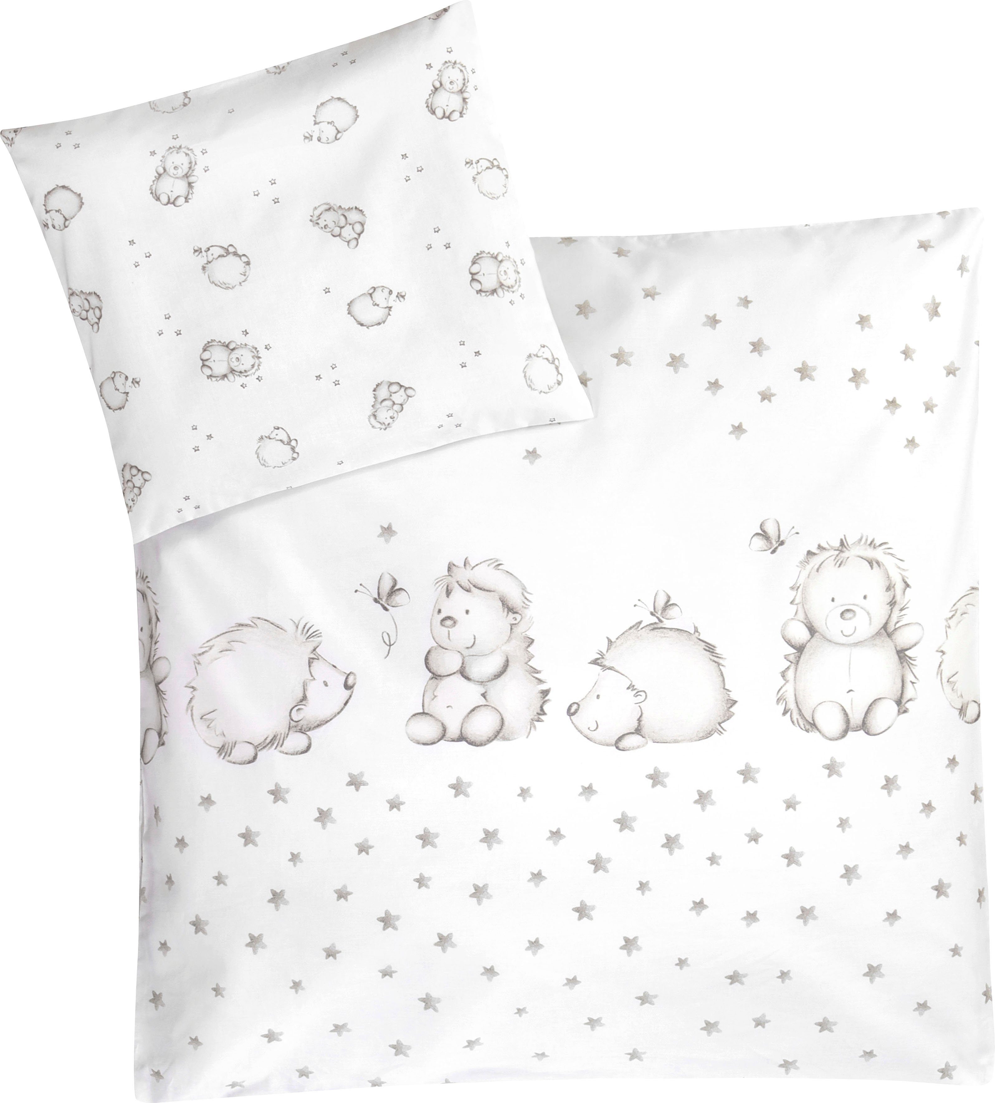 Julius Zöllner Kinderbettwäsche Igelchen, in 100x135cm passt in Babybetten von 70x140cm und 60x120cm, Renforcé, 2 teilig, mit kleinem Igel, 80x80 cm für Wiegen, Stubenwagen und Kinderwagen