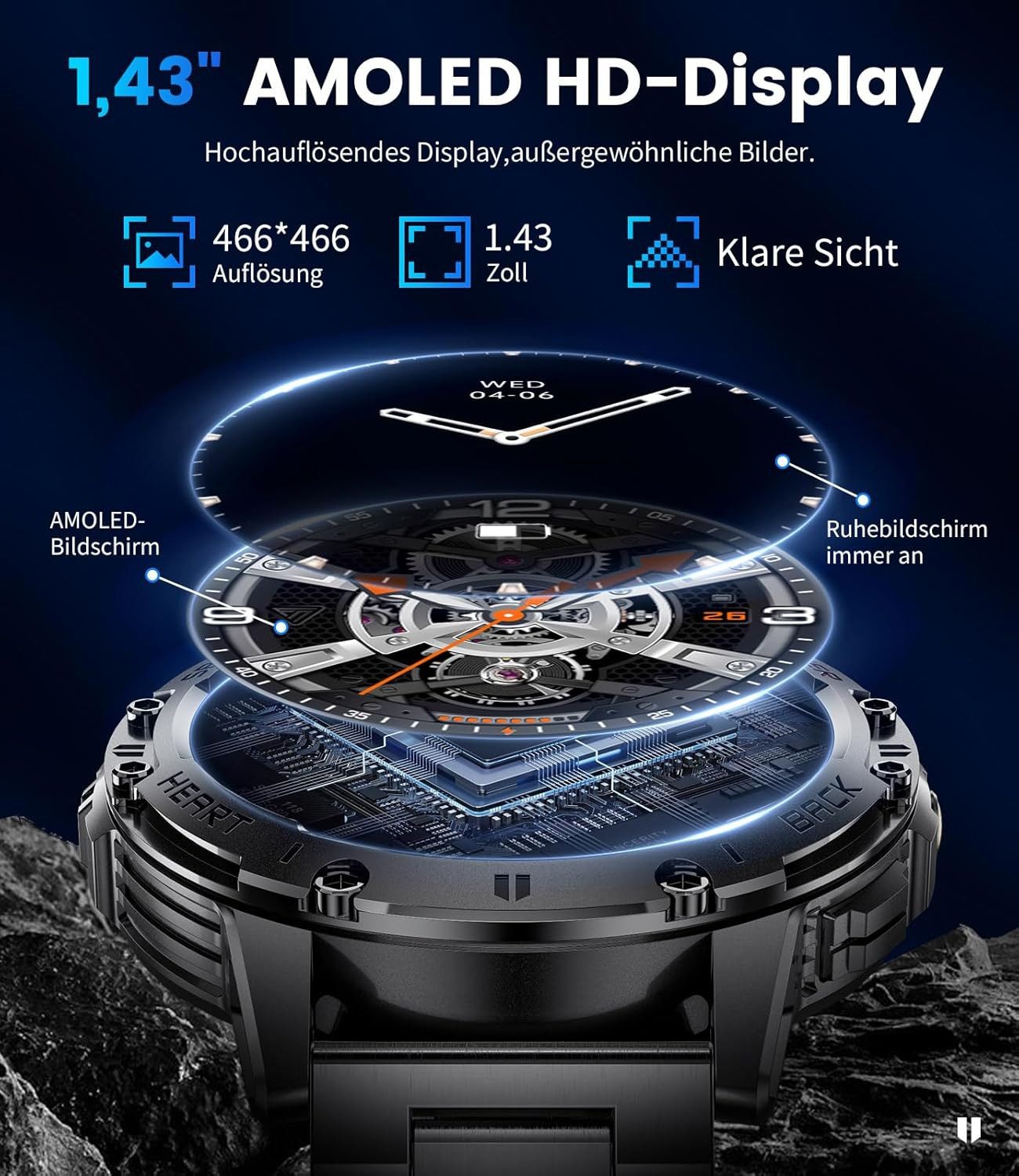 Zevelora Herren's IP68 Wasserdicht Telefonfunktion Smartwatch (1.43 Zoll, Android/iOS), mit LED Taschenlampe Herzfrequenz, 300+ Zifferblätter 110+ Sportmodi