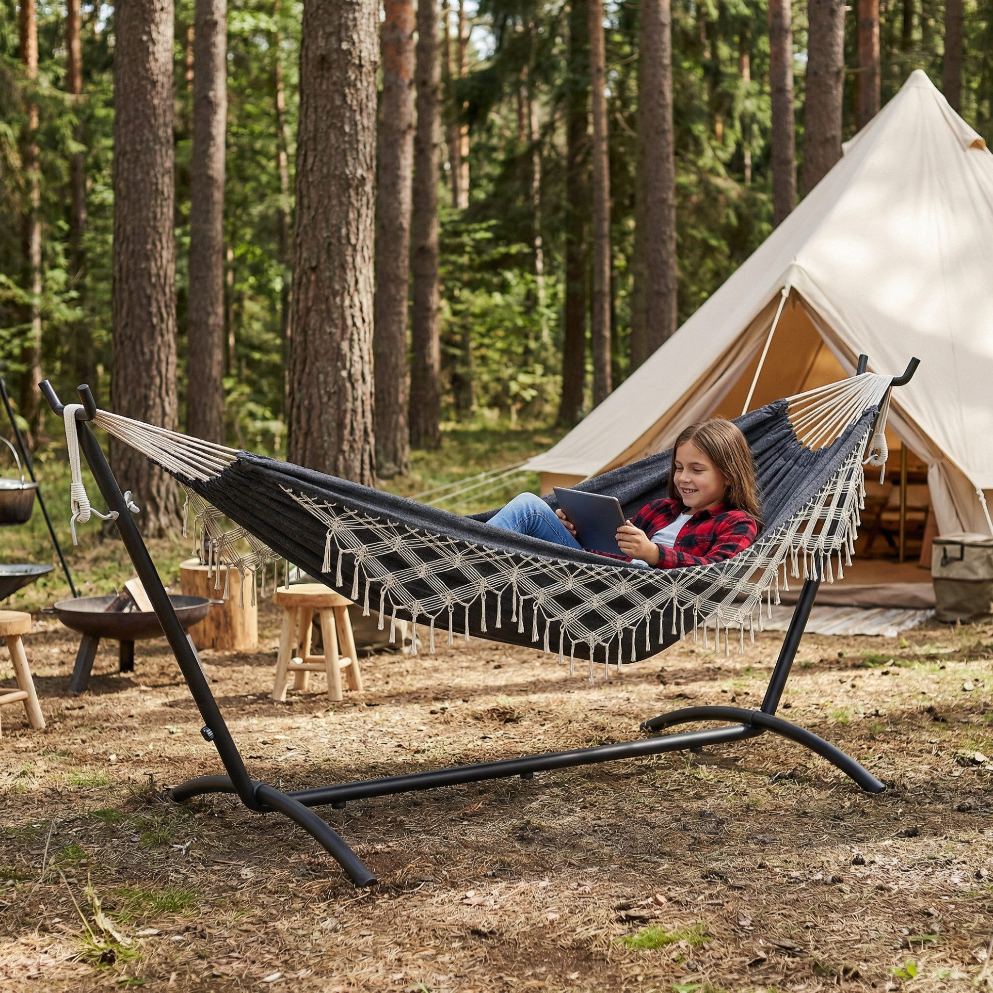 Mondeer Hängematte Gartenhängematte, mit Verstellbarem Gestell für 2 Personen,Sechsleiner Fransen