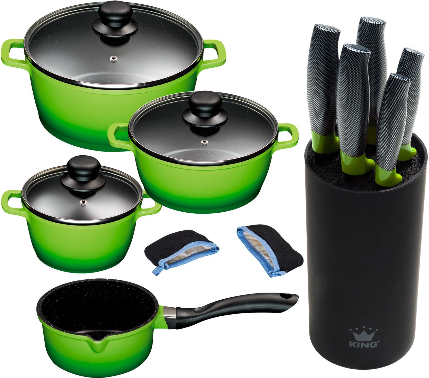 KING Topf-Set, Aluminiumguss (Set, 10-tlg., 4 Töpfe, 3 Deckel, 1 Messerblock, 5 Kochmesser), Induktion