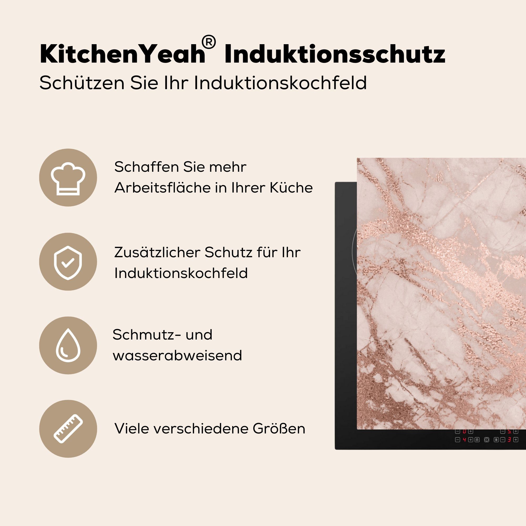 MuchoWow Herdblende-/Abdeckplatte Marmor - Rosa Design, (1 Glitzer Vinyl, Dekoration - Marmoroptik - tlg), cm, für - Induktionskochfeld 58x51 Küchen Luxus - Induktionsherd