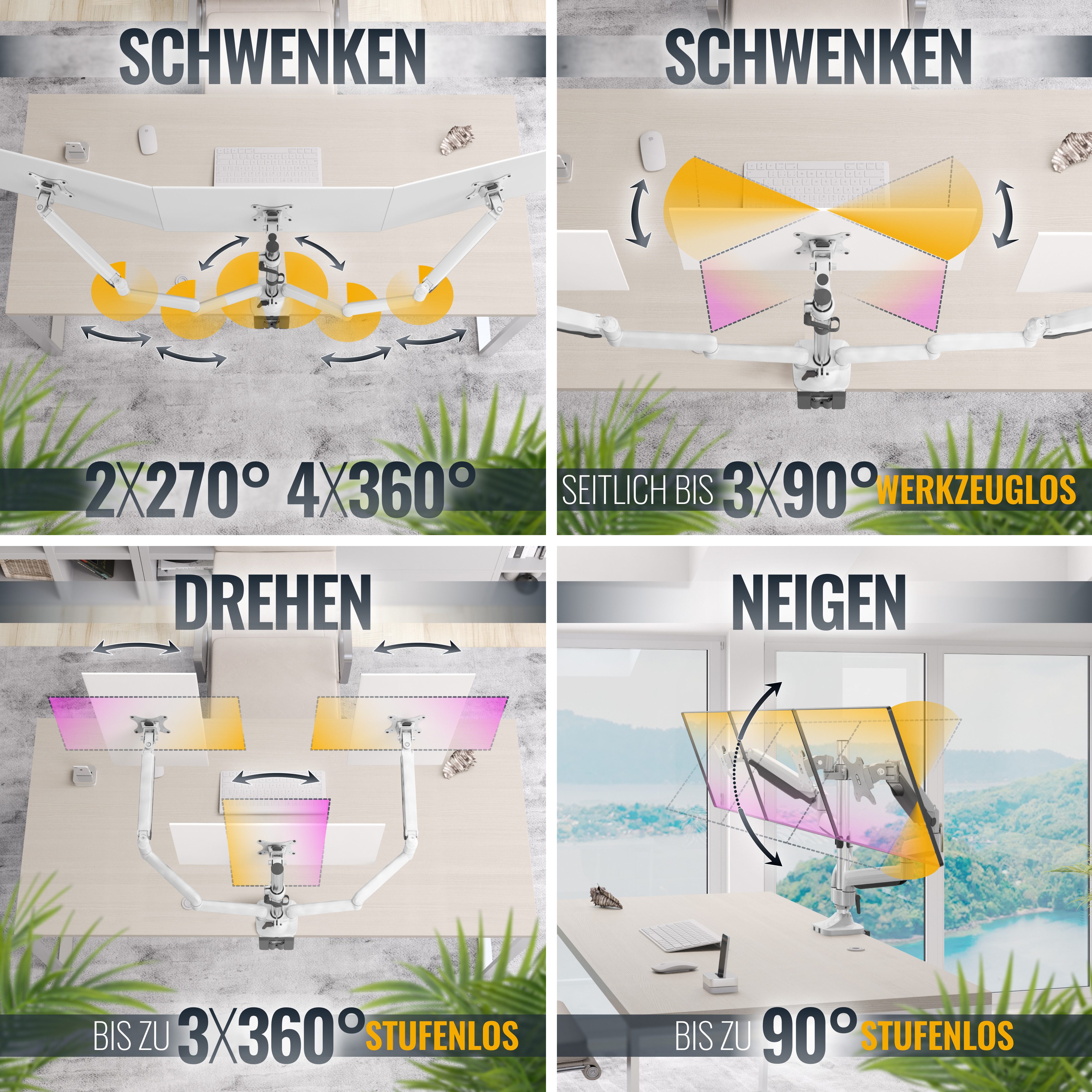 RICOO Monitor-Halterung 3 Monitore Tischhalterung höhenverstellbar schwenkbar neigbar TS9911, (bis 27 Zoll, VESA 75x75 und 100x100, 1-tlg., min. 1 Kg - max. 7 kg, von 32-68 cm (13"-27) Bildschirm-Diagonale, Neigbar +/-90°, Schwenkung des Monitor-Ständer 180)